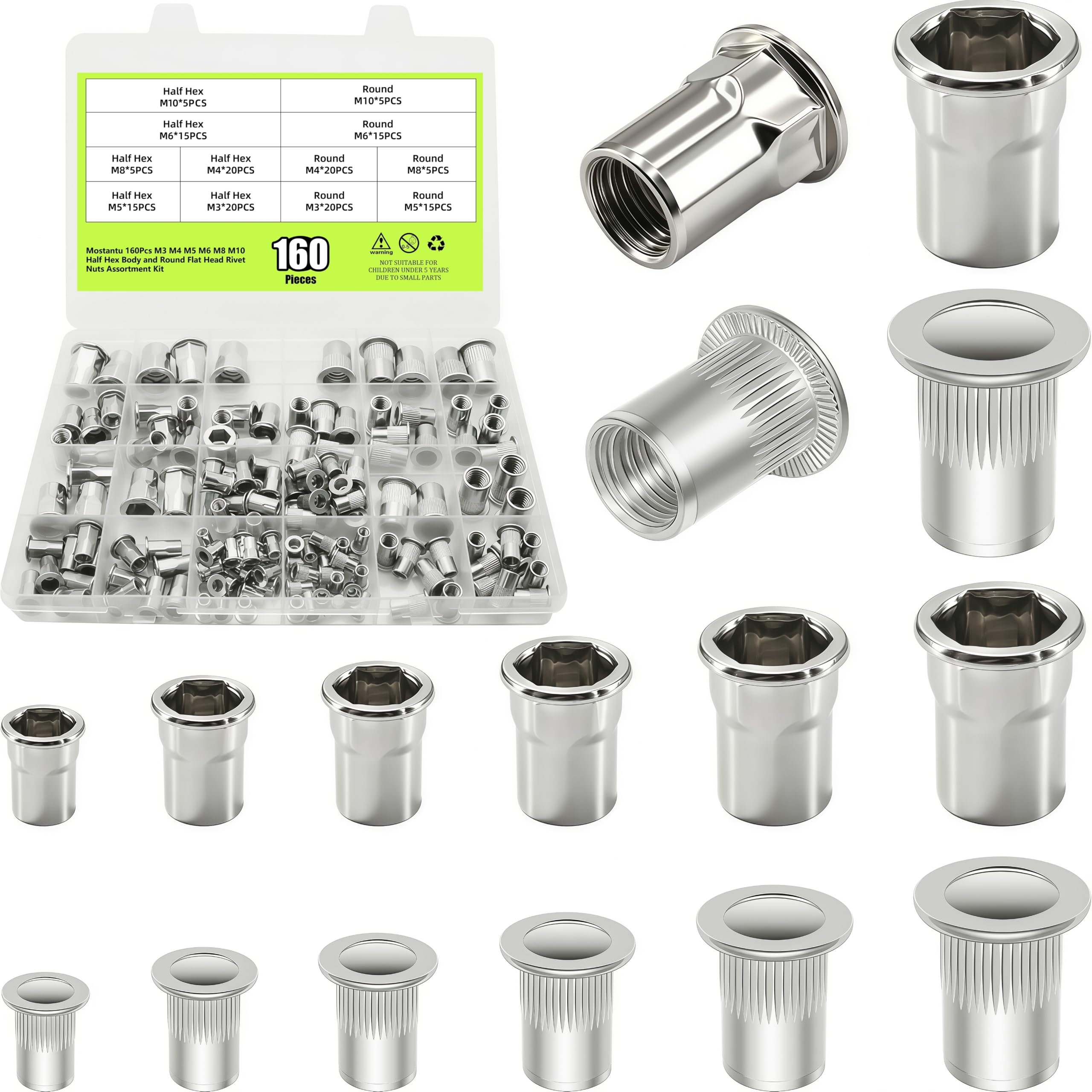 Mostantu 160Pcs M3 M4 M5 M6 M8 M10 Half Hex Body and Round Flat Head Rivet Nuts Assortment Kit for Thin Sheet Metal Furniture Automotive
