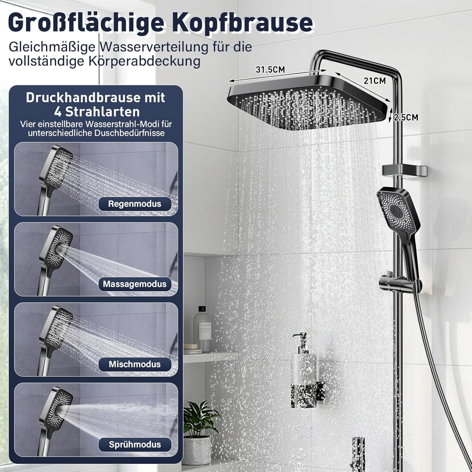 Duschsystem mit Armatur, XXL Regendusche Komplettset mit Klaviertasten-Bedienung, 4 Funktionen Duscharmatur Set, Höhenverstellbar 83-110cm, Messing & Gehärtetes Glas, Duschamatur für Badewanne