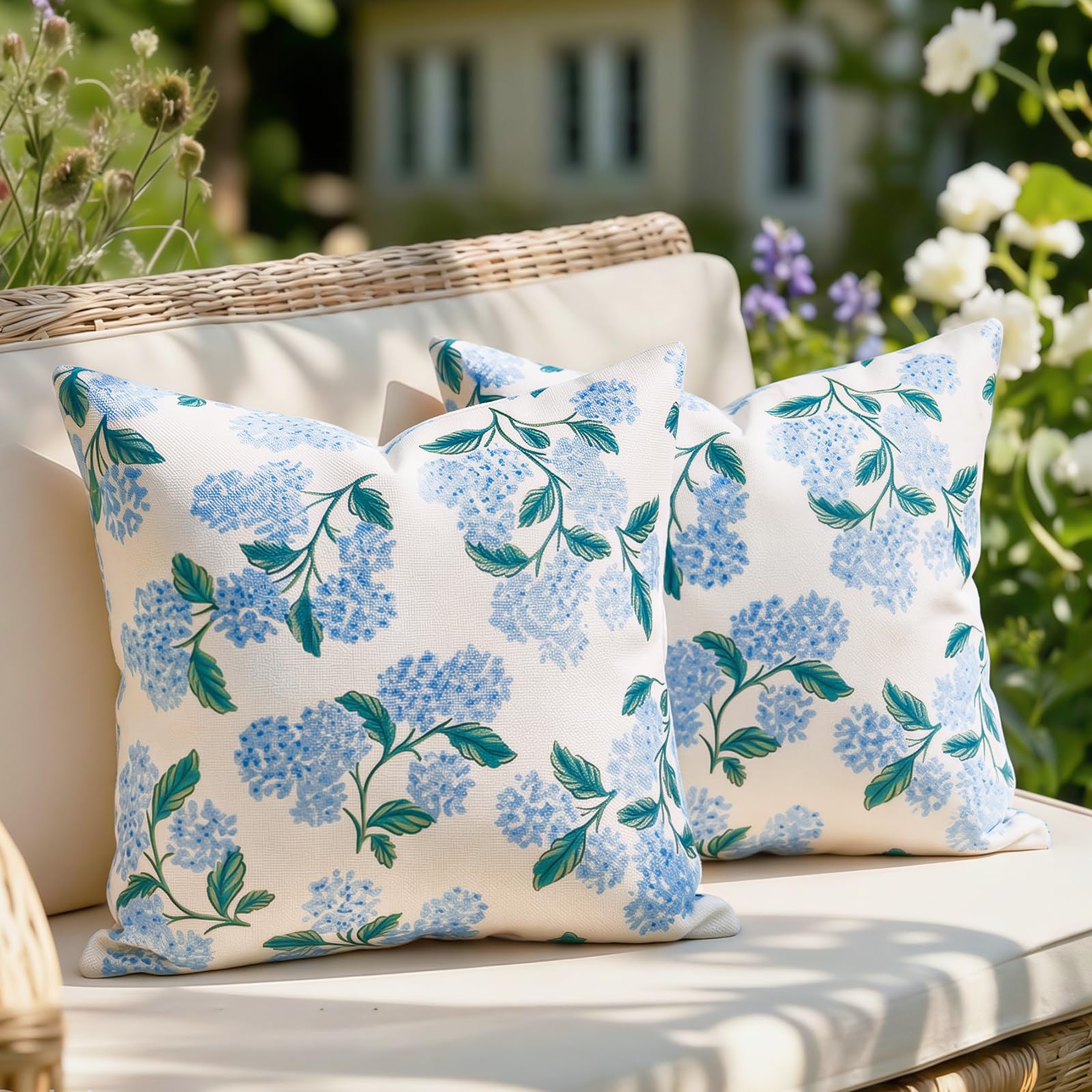Waterproof Outdoor Cushion Covers Spring Summer Hydrangea Pillow Covers 50x50 cm Set of 2 Decorative Cushion Covers for Living Room Sofa Bed Farmhouse Couch Patio Garden Decor Home