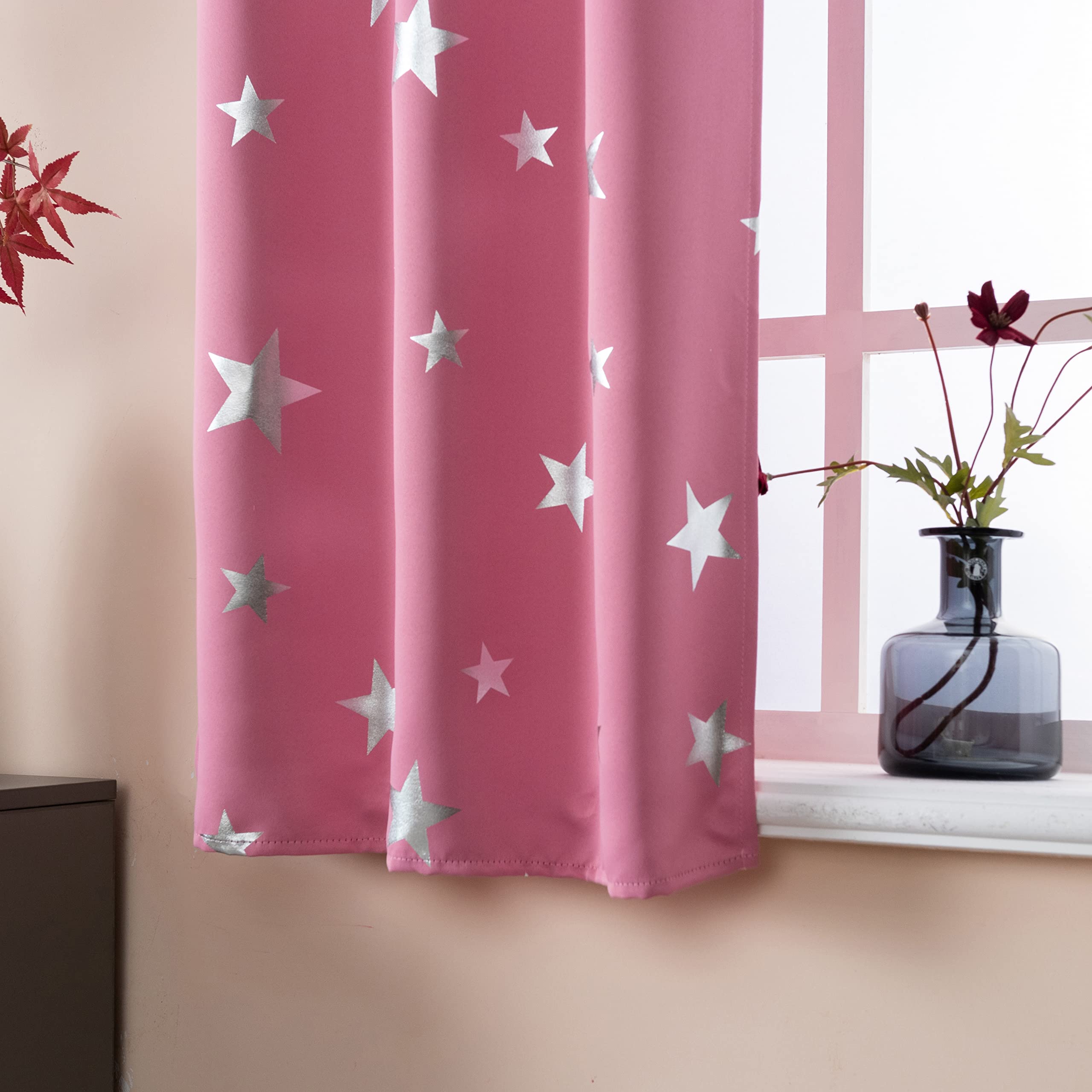 GIRASOLE HOME® Coppia Tende Oscuranti Morbide Fantasia Stelle Argentate Tenda Morbida per Interni con Tasca e Passanti Nascosti 2 Pannelli (Rosa, 70x145cm)