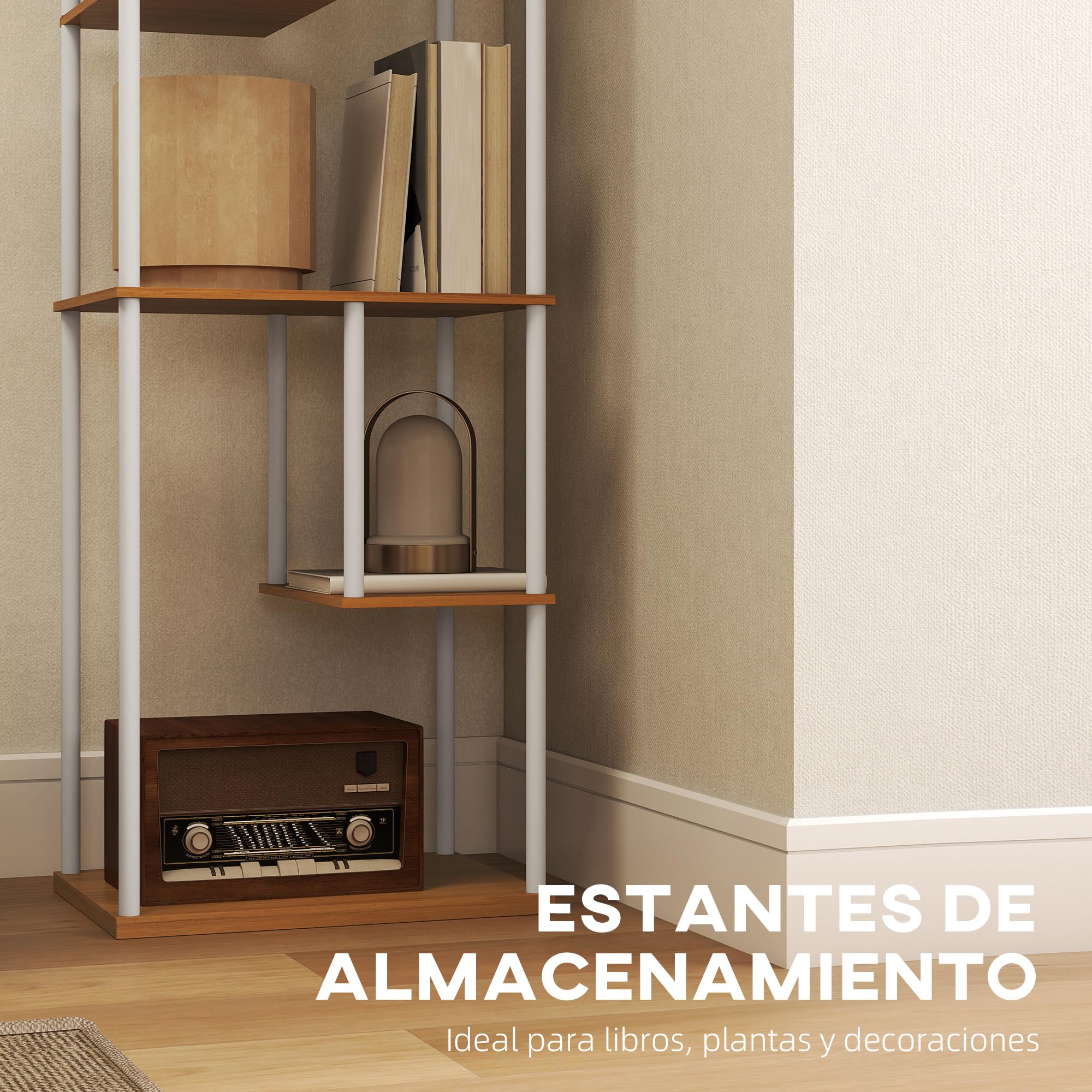 HOMCOM Lámpara de Pie con Estantes, Lámpara Salón con Brillo y Temperaturas de Color Ajustable 3000K-6500K, Control Remoto, Temporizador, 5 Modos, Bombilla 9W Incluida, Portalámparas E27, Natural
