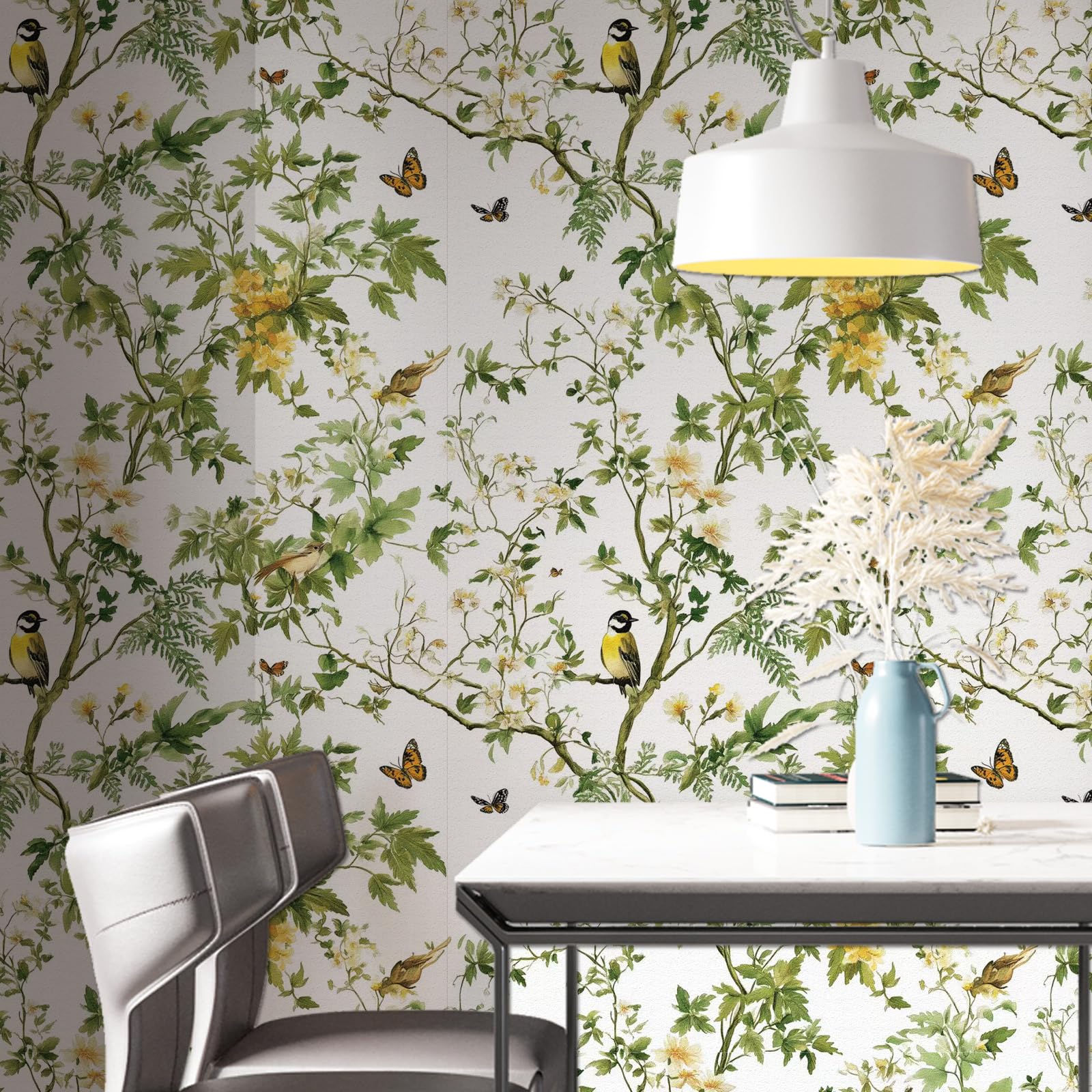 Papel Pintado Flores y Pajaros, 44 x 1000 cm Papel Adhesivo Diseño Verde Fresco de Flores y Pájaros Ramas Mariposas Plantas Boho Vinilo Adhesivo para Muebles,Libreria,Sala de Estar, Dormitorio,Baño