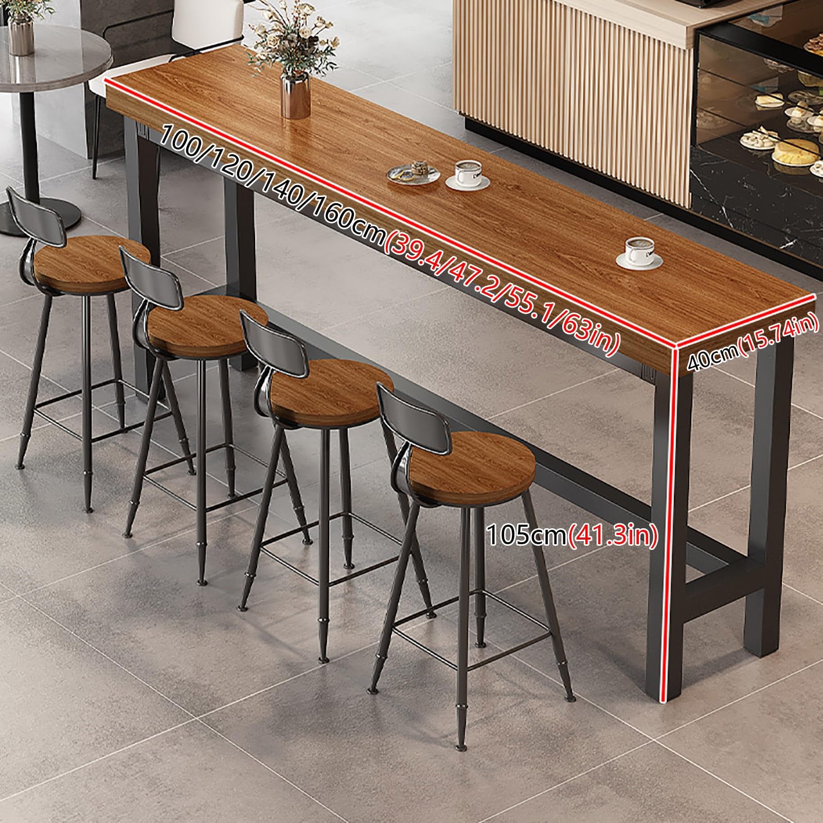 Table de bar industrielle rectangulaire en bois massif, plateau de 5 cm d'épaisseur, idéale pour bars, cafés et salles de séjour
