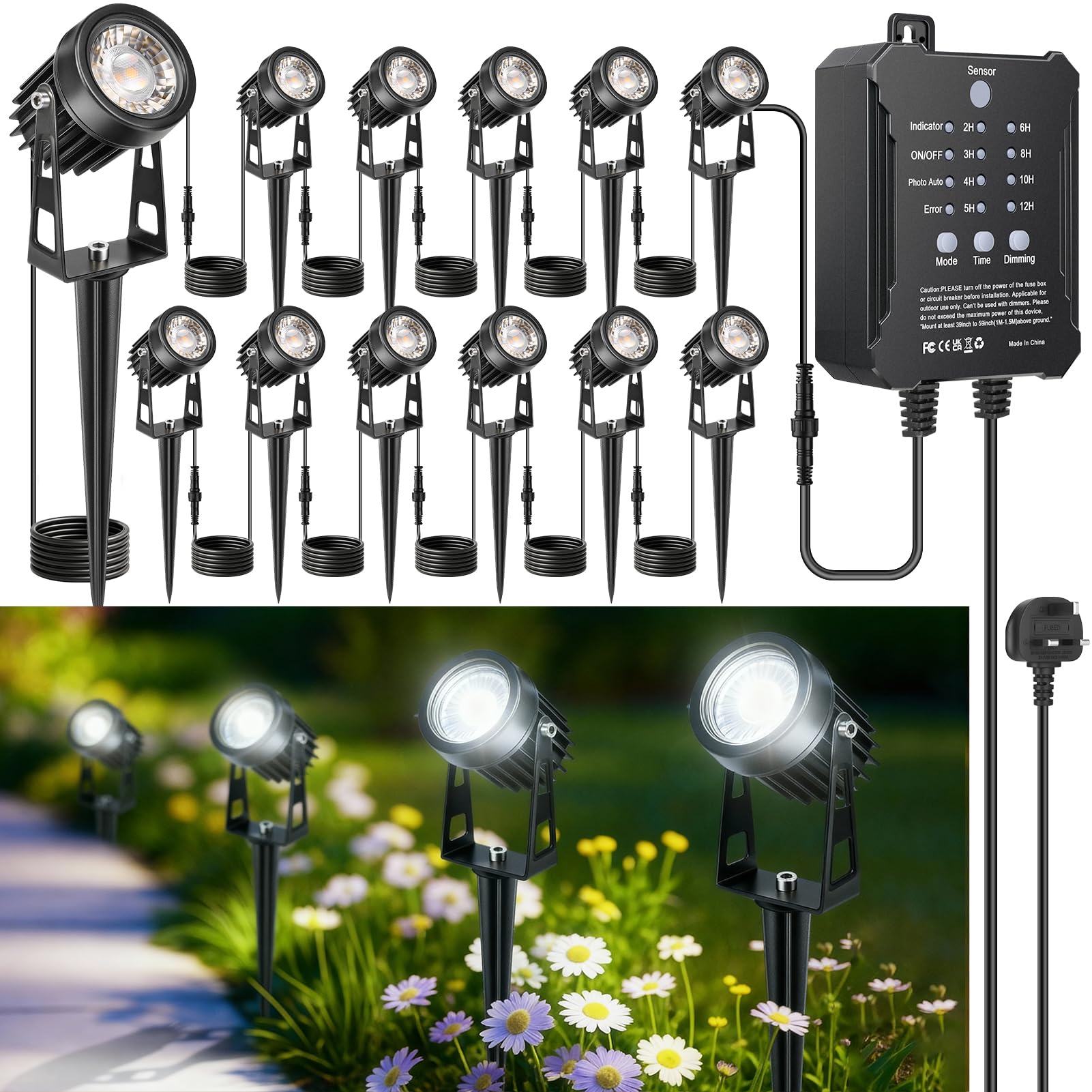 LightingWill Garden Lights Mains Powered with Timer & Photocell Sensor, Supports Extension Cable, 12 Pack LED Outdoor Spotlight, 5000K Cool White, IP65 Waterproof Low Voltage Garden Lights