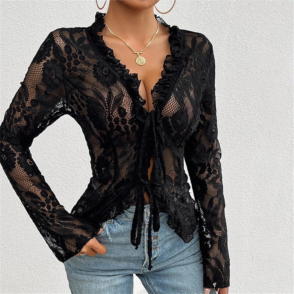 トップス lace up sleeve sheer tops Women Tie Front Lace Tops Sexy See Through Floral Blouse