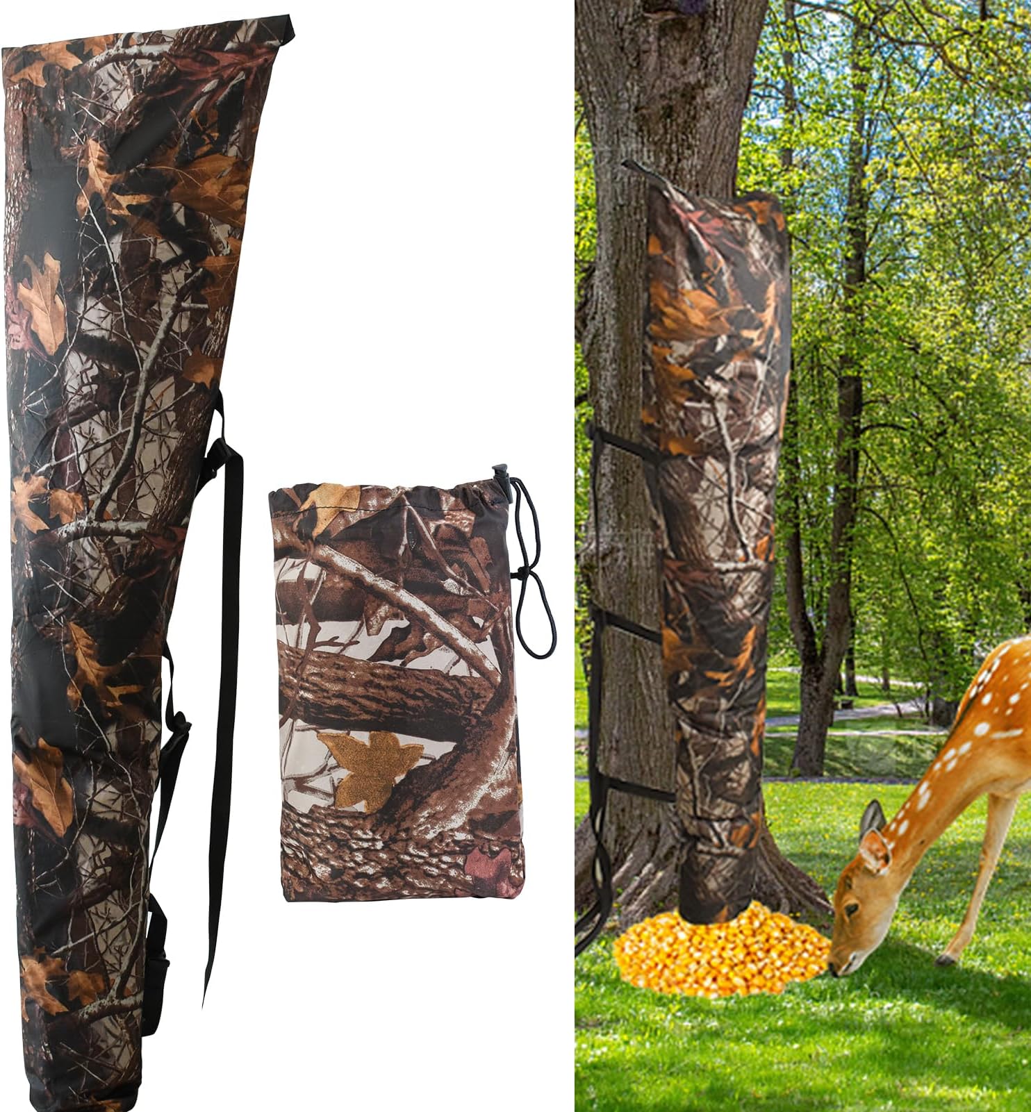 MofuiryWaterproof Deer Bag Feeder with Adjustable Strap, Hanging Gravity Deer Corn Feeder Camo Tree Hugger Game Feeder for Hunting and Feeding Wild Animals, 100 lb, Weatherproof Oxford Fabric