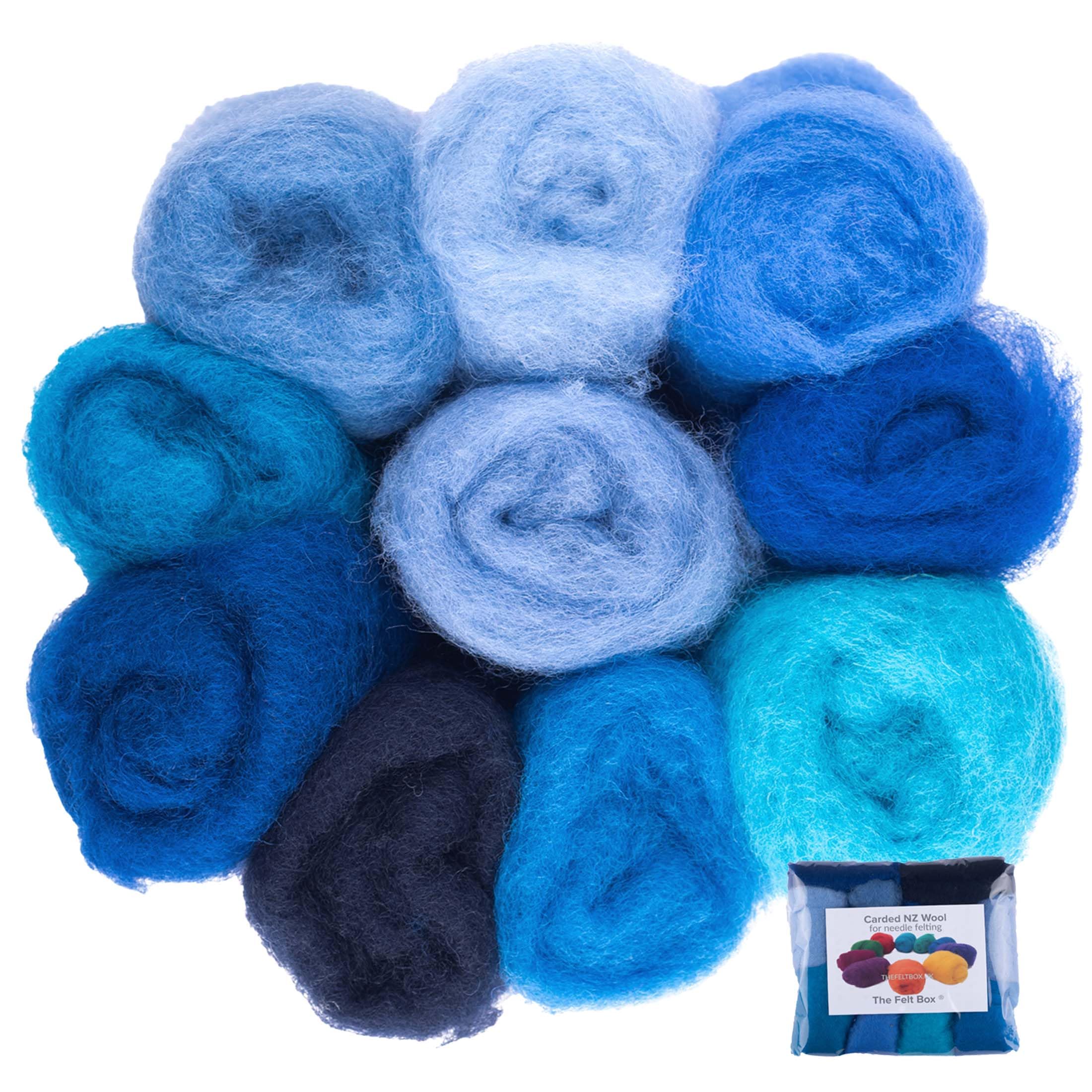The Felt Box Needle Felting Wool – Blue Shade Pack 100g (3.5oz) Carded Batts | Short Coarser Fibres for Needle & Wet Felting, Core & Finishing Wool Craft Fibre