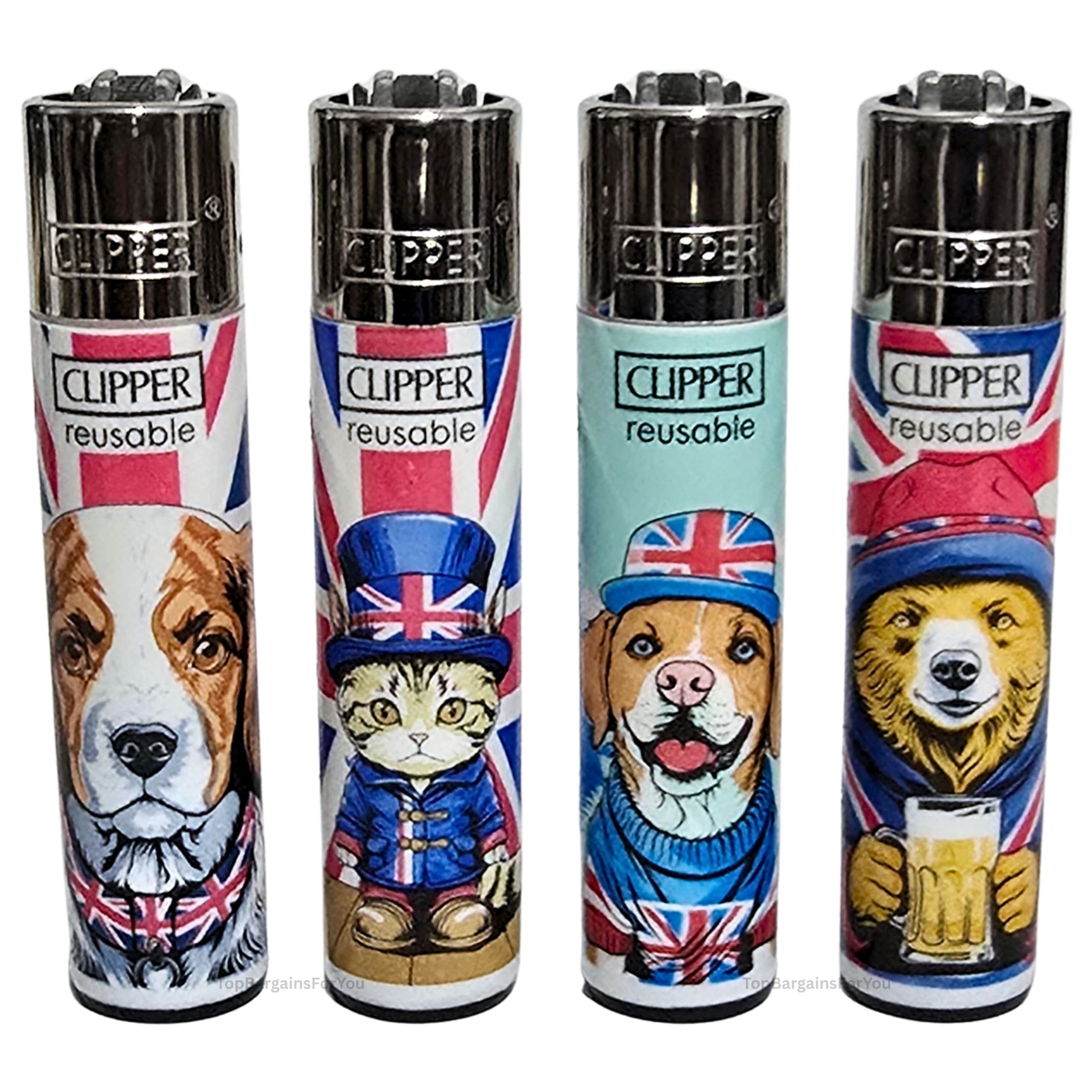 Zactly - 4 x Clipper Lighter LONDON 43 CAT DOGS Design Set Gas Refillable Lighters Standard Size Replaceable Flint Rare Limited Edition