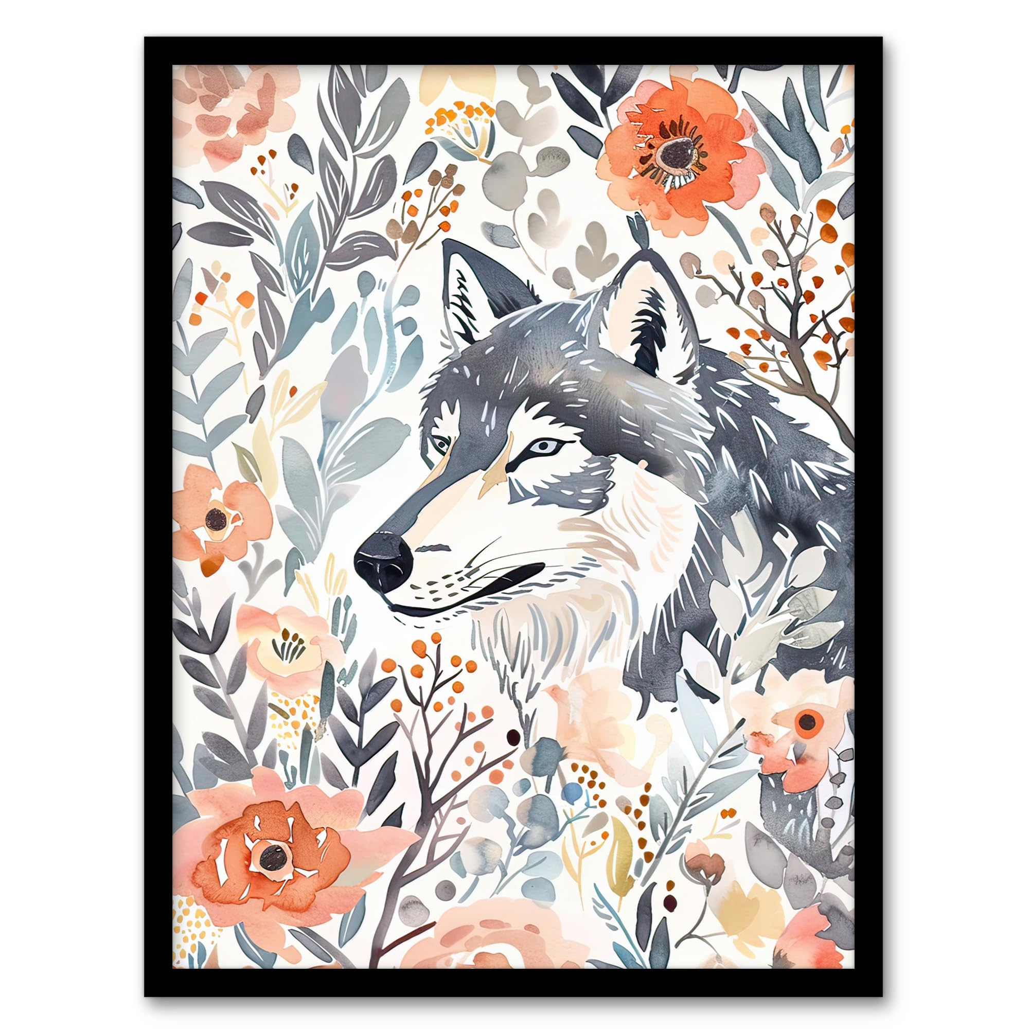 Artery8 Wolf and Wild Roses Floral Pastel Watercolour Living Room Artwork Framed Wall Art Print 18X24 Inch