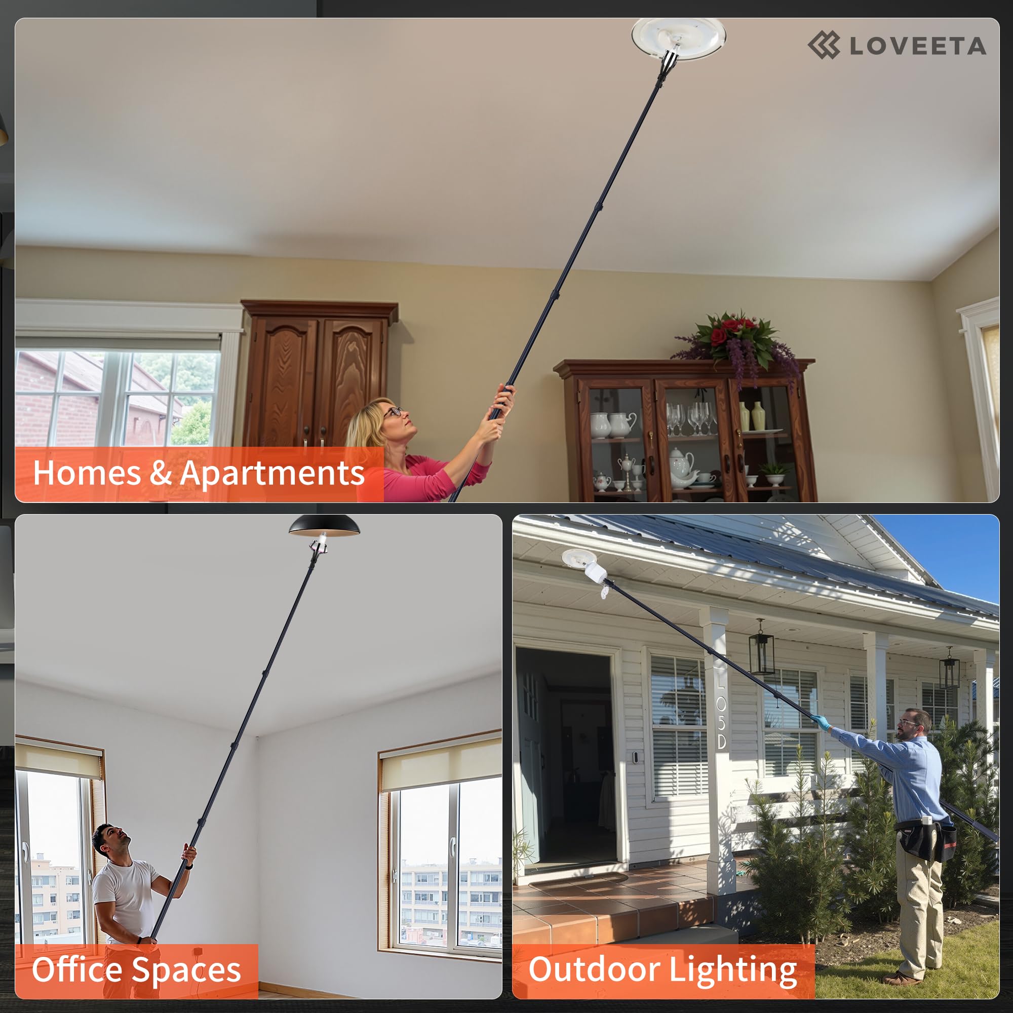 LOVEETA® Gen2 - Barra de cambio de bombilla extensible de 12 pies [alcance de 18 pies] para techos altos, cambiador telescópico de poste de bombilla con agarre de bombilla, luces de araña, color negro