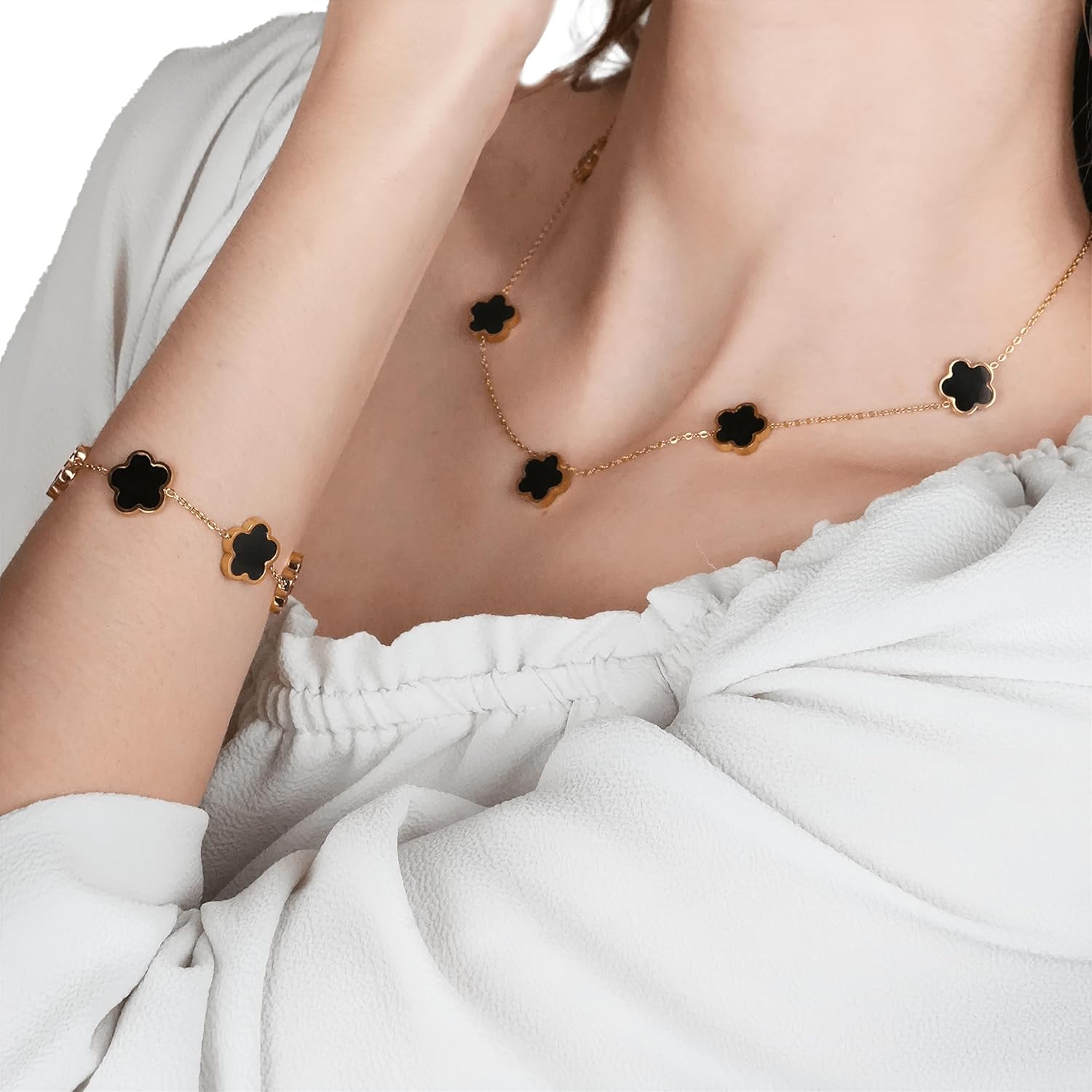 Five Leaf Clover Jewelry Set for Women |18K Gold Plated Bracelet Necklace Earrings | 5 Leaf Lucky Choker and Ear Studs for Mother and Daughter - Image 4