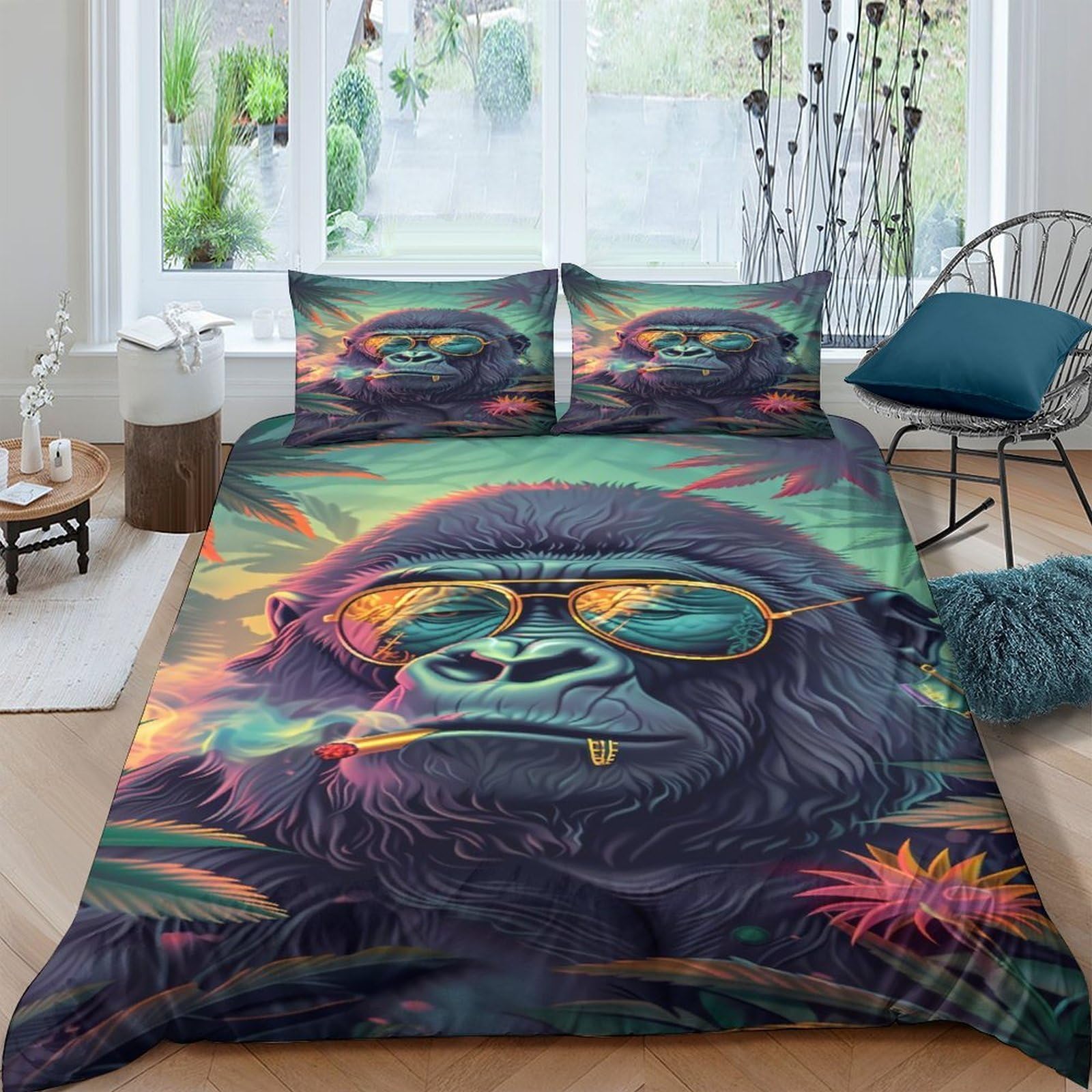 Ctjqhvkz Style-10 3D Printed Gorilla Sunglasses Fitted Sheet Microfiber Vibrant Colors Jungle Art Mattress Cover For Bedroom Decor Single（135X200cm）