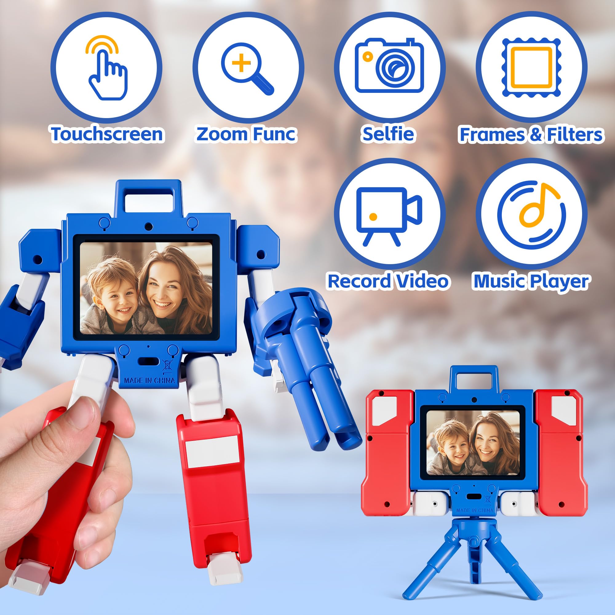 Cámara selfie con pantalla táctil para niños, cámara de video digital HD 1080P para niños de 3 a 6 años, cámara robot de viaje portátil para exteriores con tarjeta SD de 32 GB, regalo de 3