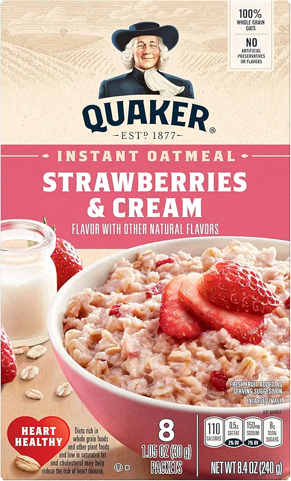 Quaker Instant Oatmeal, Strawberries &amp; Cream, 8.4 Oz