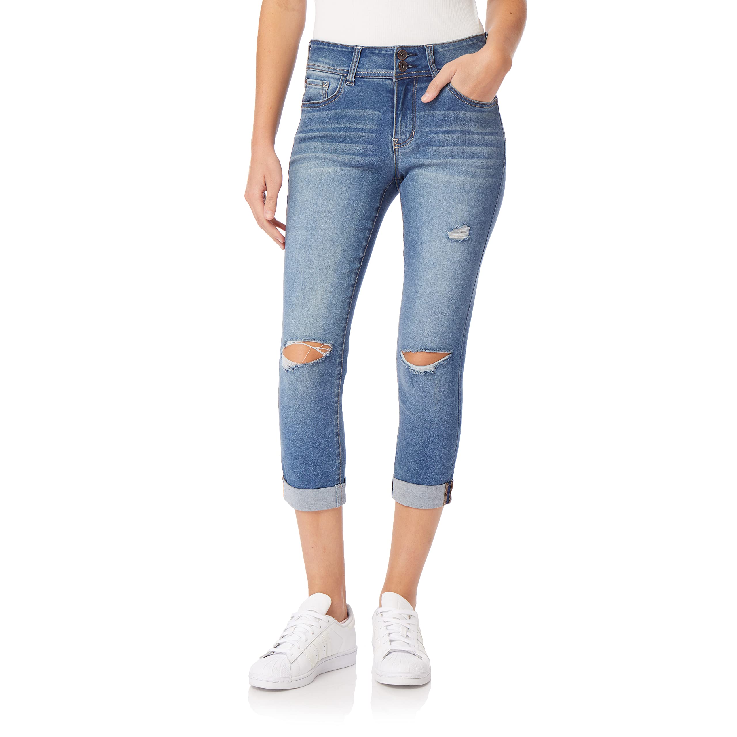 WallFlower Women's Juniors Instasoft Mid-Rise Ultra Fit Skinny Stretch Crop Jeans (Standard and Plus), Maeve, 1