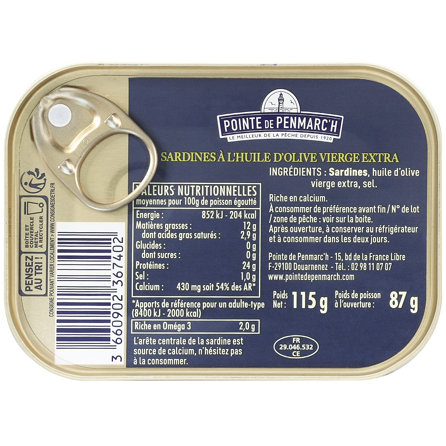 Sardines à l'ancienne à l'huile d'olive vierge extra Pointe de Penmarc'h le lot de 6 boîtes de 115 g - Livraison en 2 à 3 jours ouvrés depuis la Bretagne