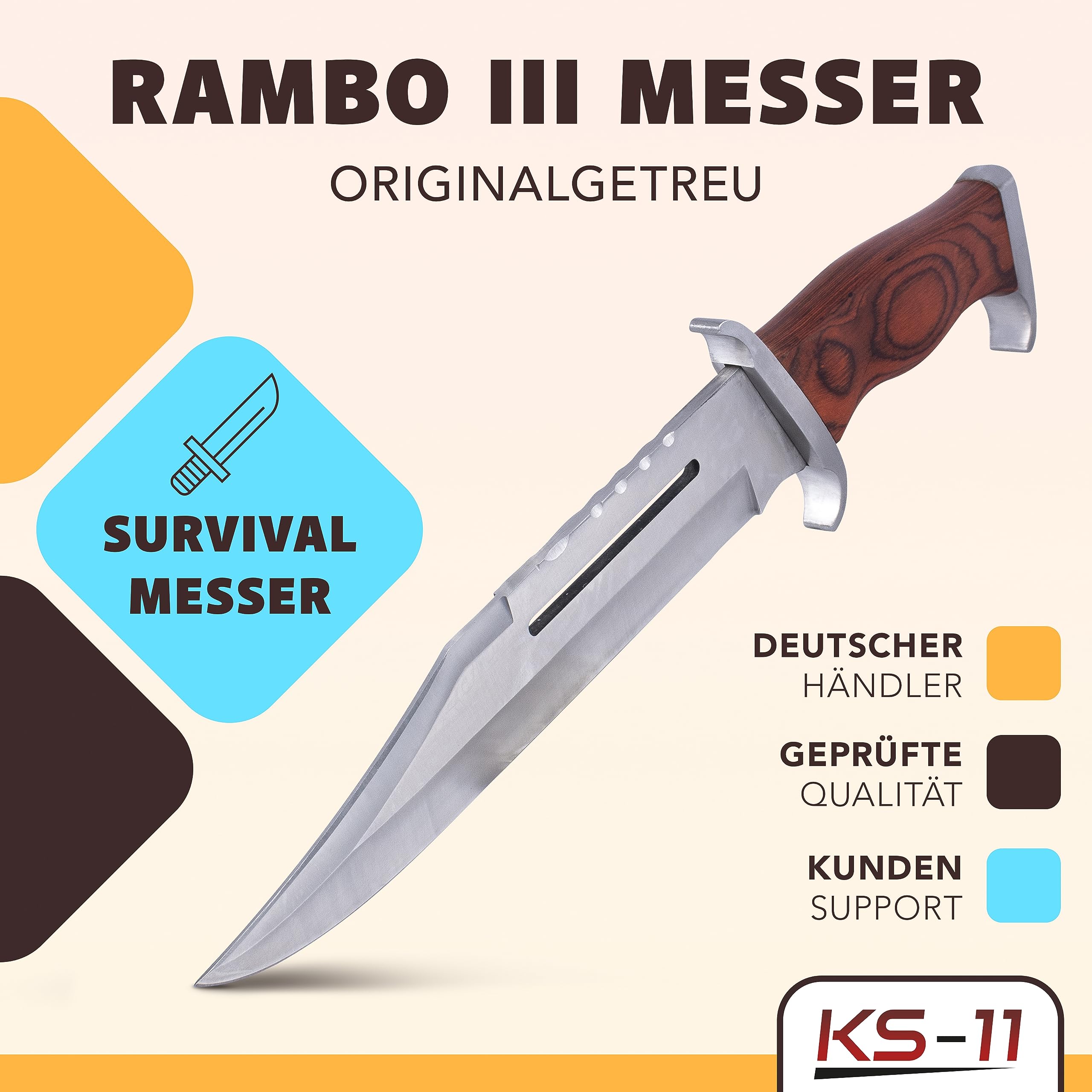 KS-11 Bärentöter im Stil von Rambo III Messer - First Blood Part 3 - Outdoor - Survival - Jagd - Holzgriff - FullTang Mega Kult Bushcraft Messer mit Lederscheide