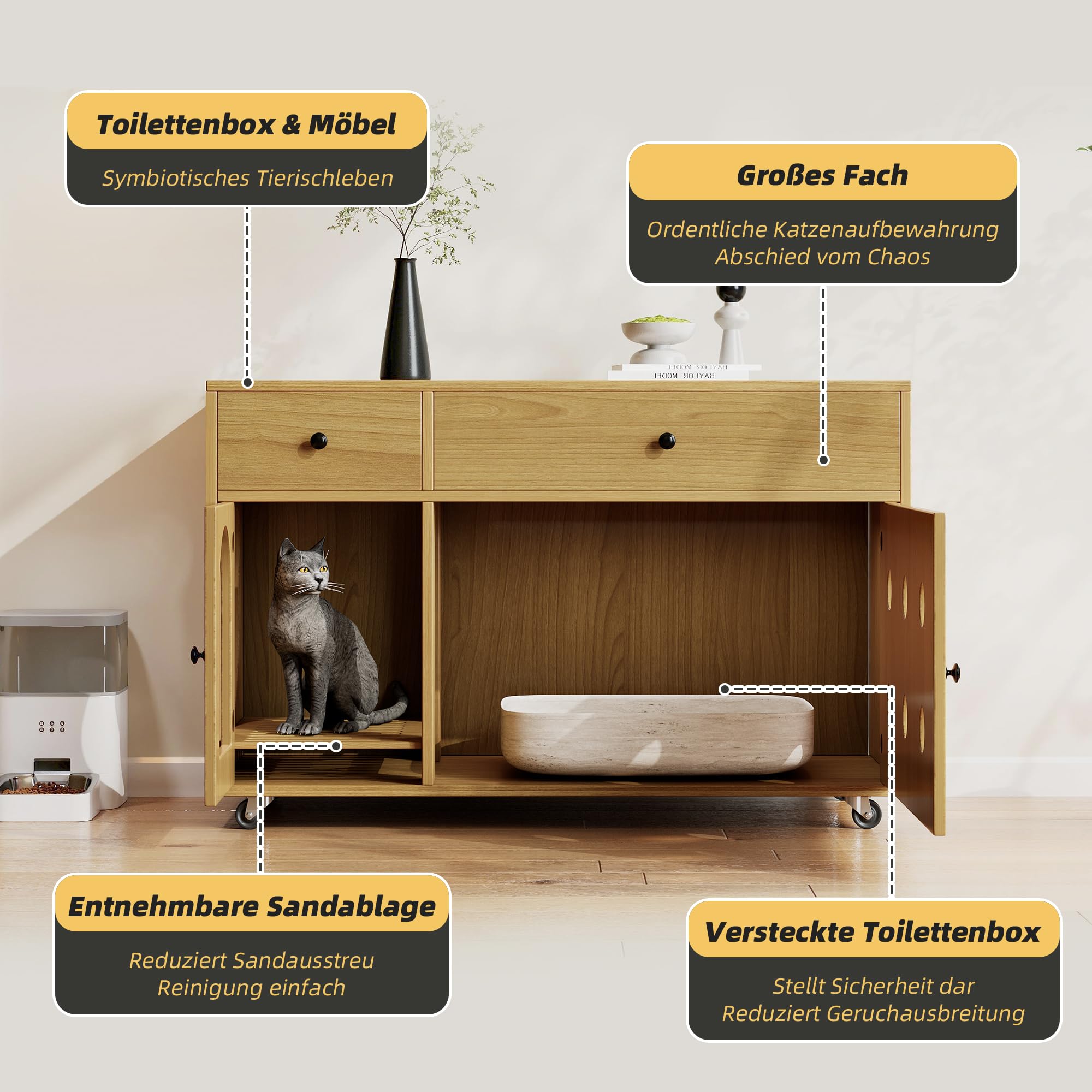 Katzenkloschrank (bewegliche Katzentoilette) – Katzenschrank/Katzenhaus mit abnehmbare Sandablassplatte, geruchsisoliert, ohne Katzenklo, 100×45×66 cm