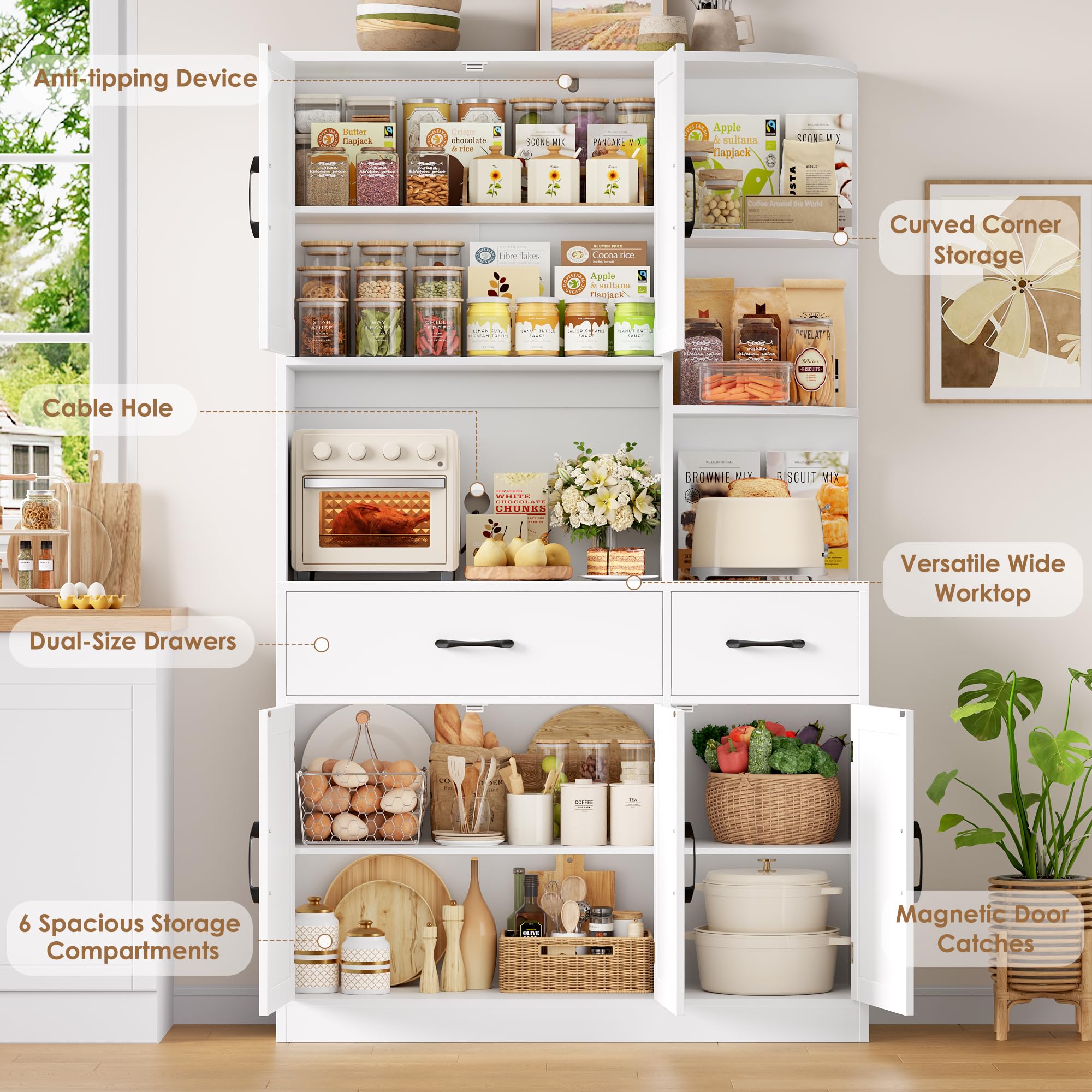 HOCSOK Buffet Cuisine, Haut Armoire de Cuisine, Vaisselier avec Plans de Travail et 2 Tiroirs, Étagère d'angle 3 Niveaux, 5 Türen, Étagère à Micro-Ondes, Meuble de Rangement pour Salle à Manger Salon