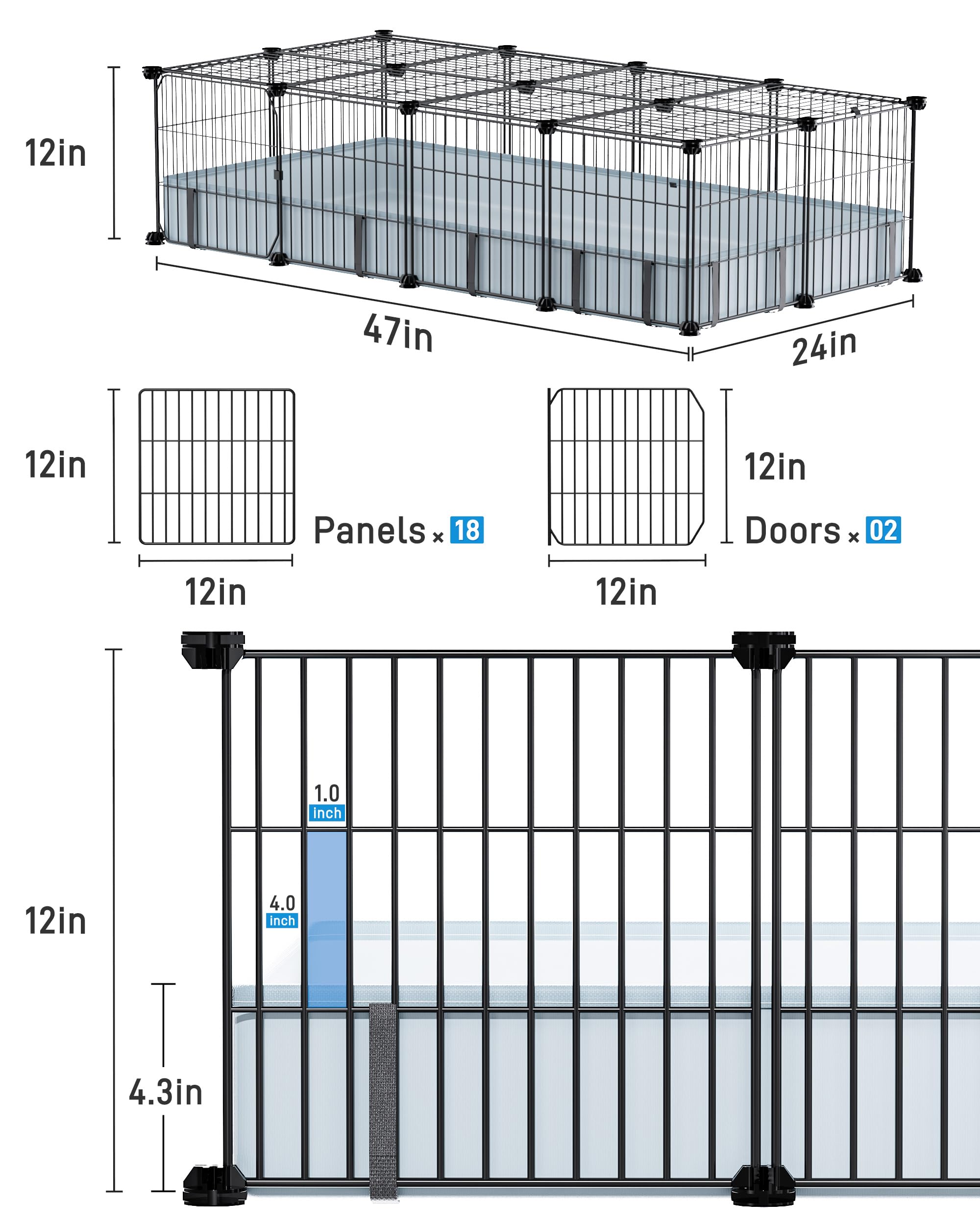 BUCATSTATE Jaulas de cobayas con tapete para piso, 20 paneles de corralito de cobayas con cubierta superior, jaula de metal para conejos de interior para erizos, codornices, pollos (47 pulgadas de