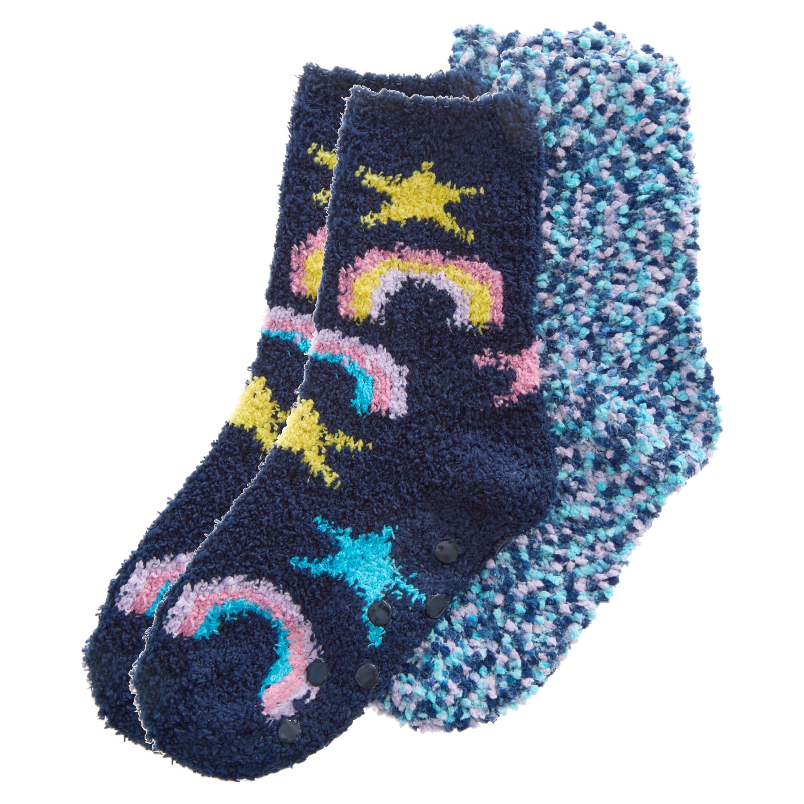 WS-AW23 Girls 2 Pairs Fluffy Snuggle & Popcorn Socks Cosy Bed Socks Non Slip Stars Designs Blue 4-6