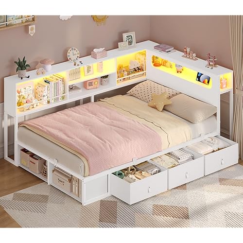 ADORNEVE Twin Corner Bed Frame with Bookcase Storage & LED Light Headboard, Charging Station, Metal Daybed with 3 Drawers & 2 Open Cubbies, for Small Bedrooms, White