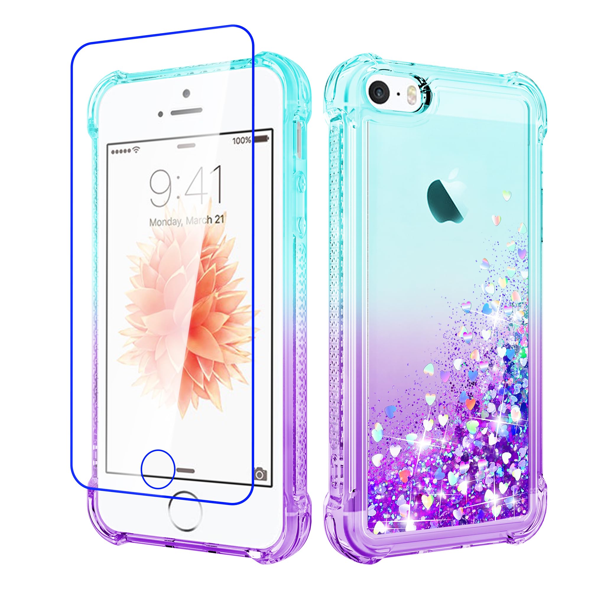 for iPhone SE 2016(1st),iPhone 5/5S Case Clear Liquid Heart Lovely Glitter Soft TPU Cover Transparent Girly Protective Phone Case for iPhone SE (1st Gen),Green-Purple