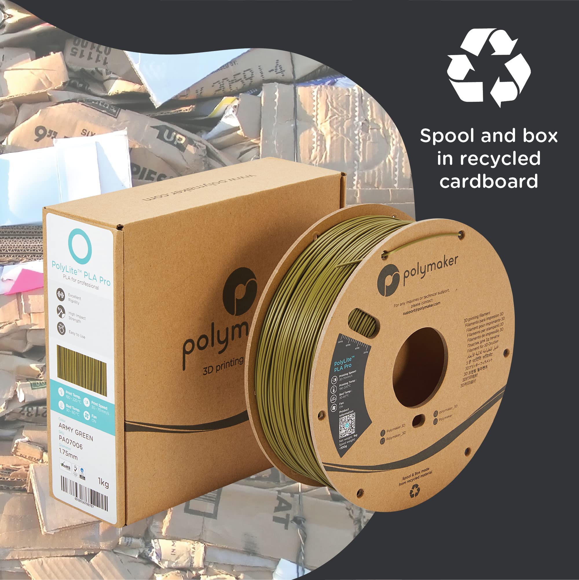 Polymaker PLA PRO Filament 1.75mm Army Green, Powerful PLA Filament 1