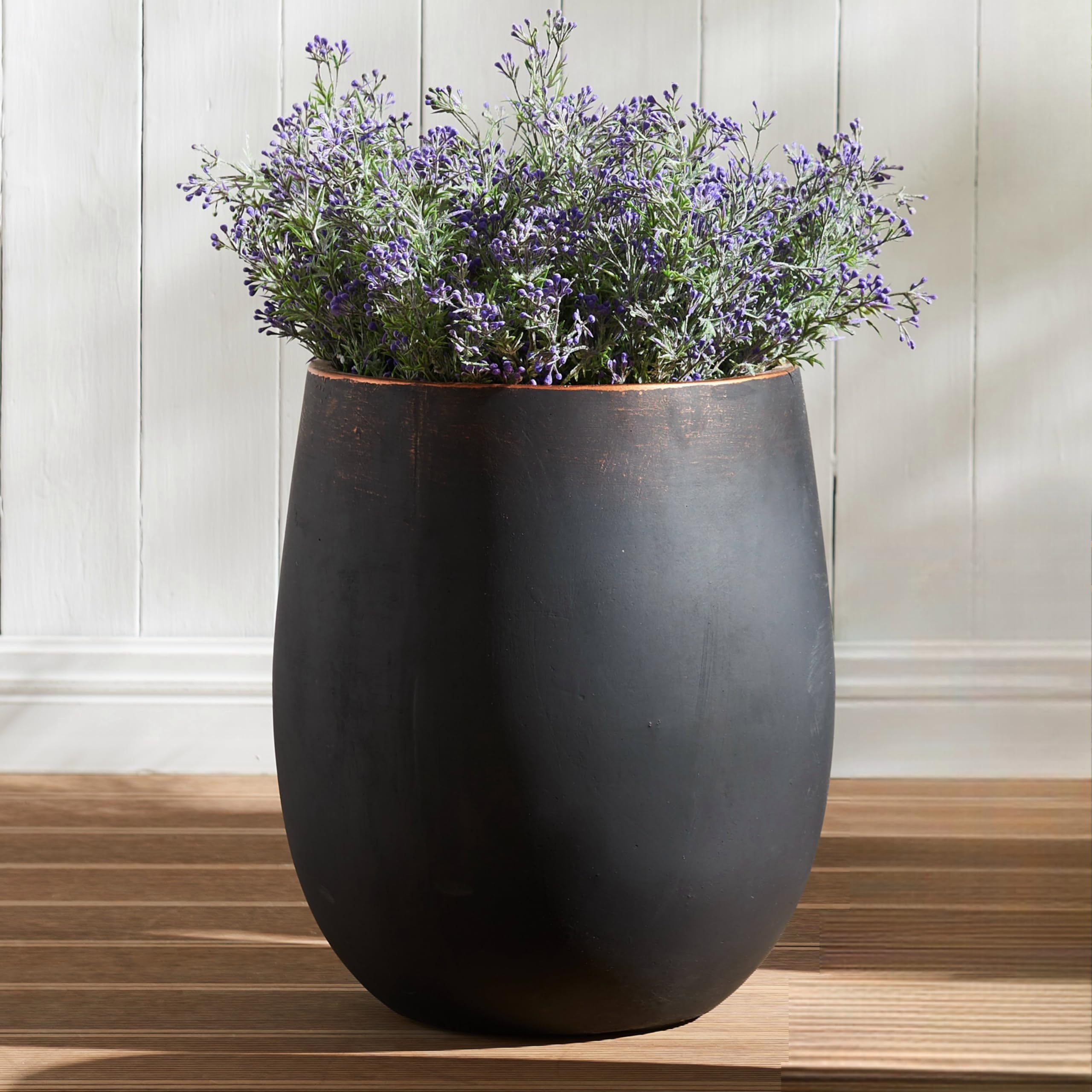Wallowa 13.3" Dia x 15.3" H Concrete Planter, Outdoor Planter, Black with Gold Rim, Flower Pot with Drainage Hole and Silicone Plug, Plant Container