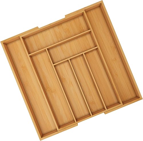 Utopia Kitchen Bandeja de herramientas de bambú para cubiertos y cuchillos, 8 compartimentos, organizador expandible (paquete a granel de 5)