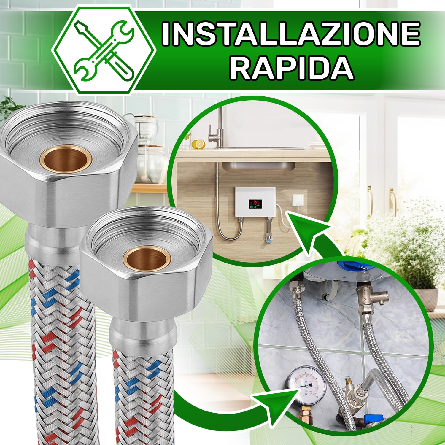 Tubo Corazzato 25cm Femmina-Femmina 3/8”x3/8” DN8 DE13 Temperatura max 70°C | Tubo Flessibile Realizzato in Acciaio Inox Pressione di Esercizio 10 bar - Garanzia di 5 Anni - ONIX TECH