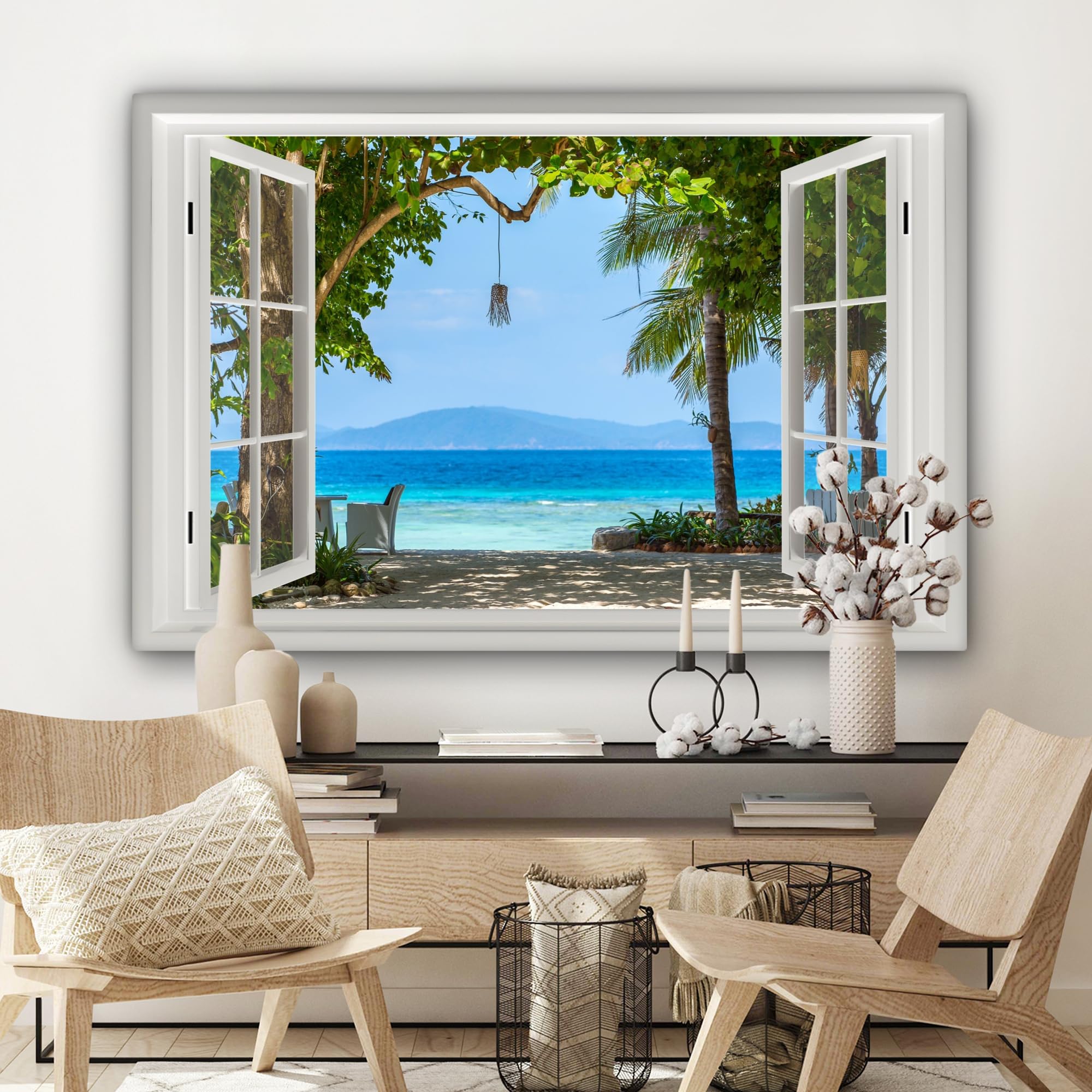 MuchoWow© Quadri su Tela 120x80 cm Foto Quadro Moderno Soggiorno Canvas Decorazioni Camera da Letto Vista dalla finestra - Albero - Mare - Palma - Colline - Spiaggia - Blu