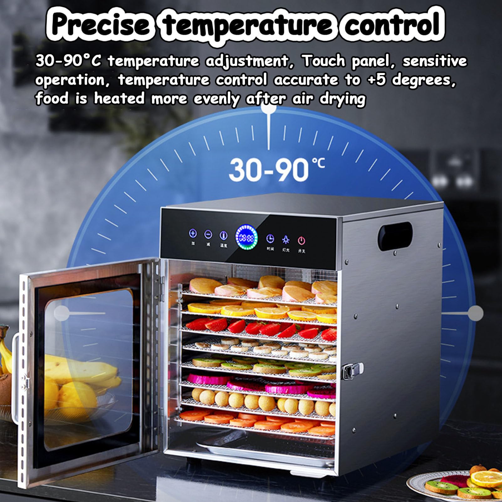 Essiccatore alimentare a 8 vassoi in acciaio inox con termostato regolabile e timer digitale – Essiccatore commerciale per frutta, verdura, carne, a scatti di pesce, erbe aromatiche