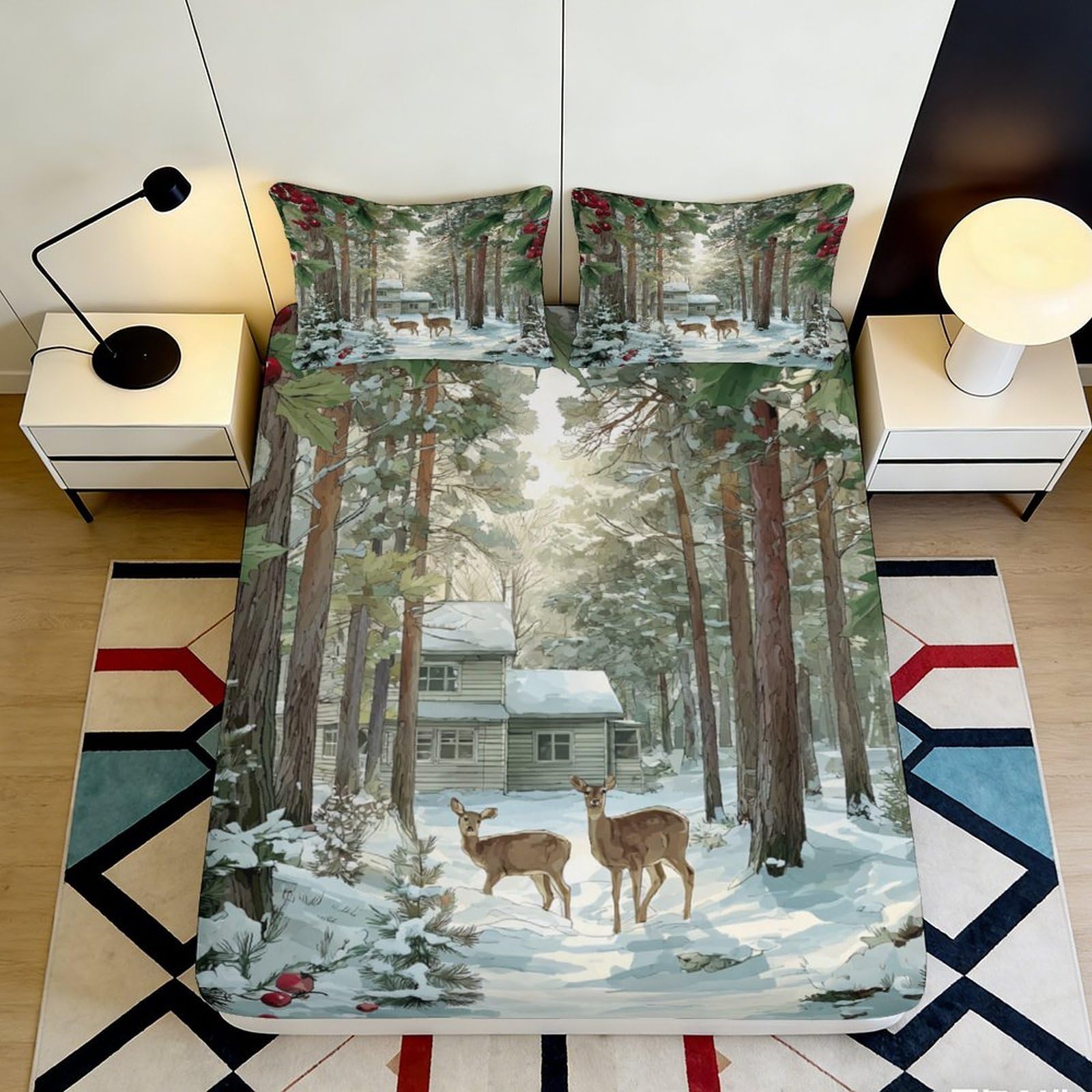 3D Printed Forest Deer Fitted Sheet Microfiber Deep Pocket Non-Slip Bedroom Bedding Snow Scene Mattress Fitted Cover for Home Adults 140x200x25cm
