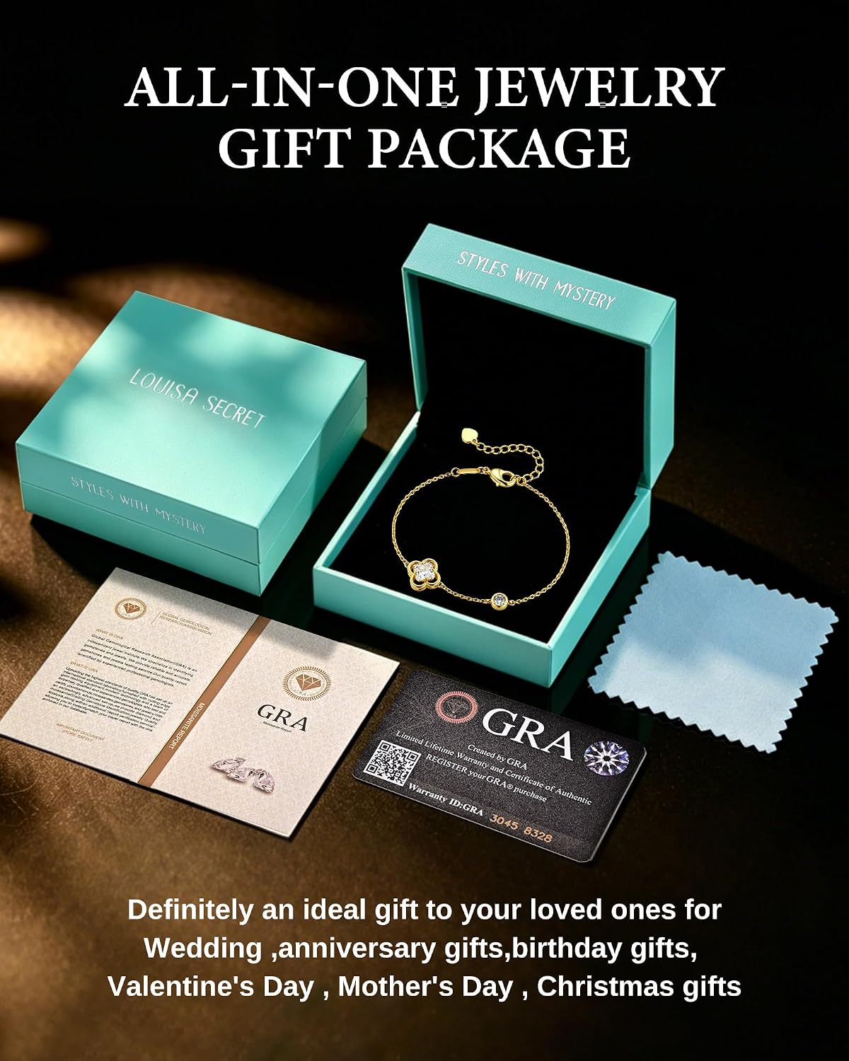 18K Gold Plated Four Leaf Clover Bracelets with Moissanite Charm Waterproof | Suitable for Daily Wear,Hypoallergenic Adjustable 7''+2'' Chain Gifts for Girlfriend Mom Daughter Her with Gift Box