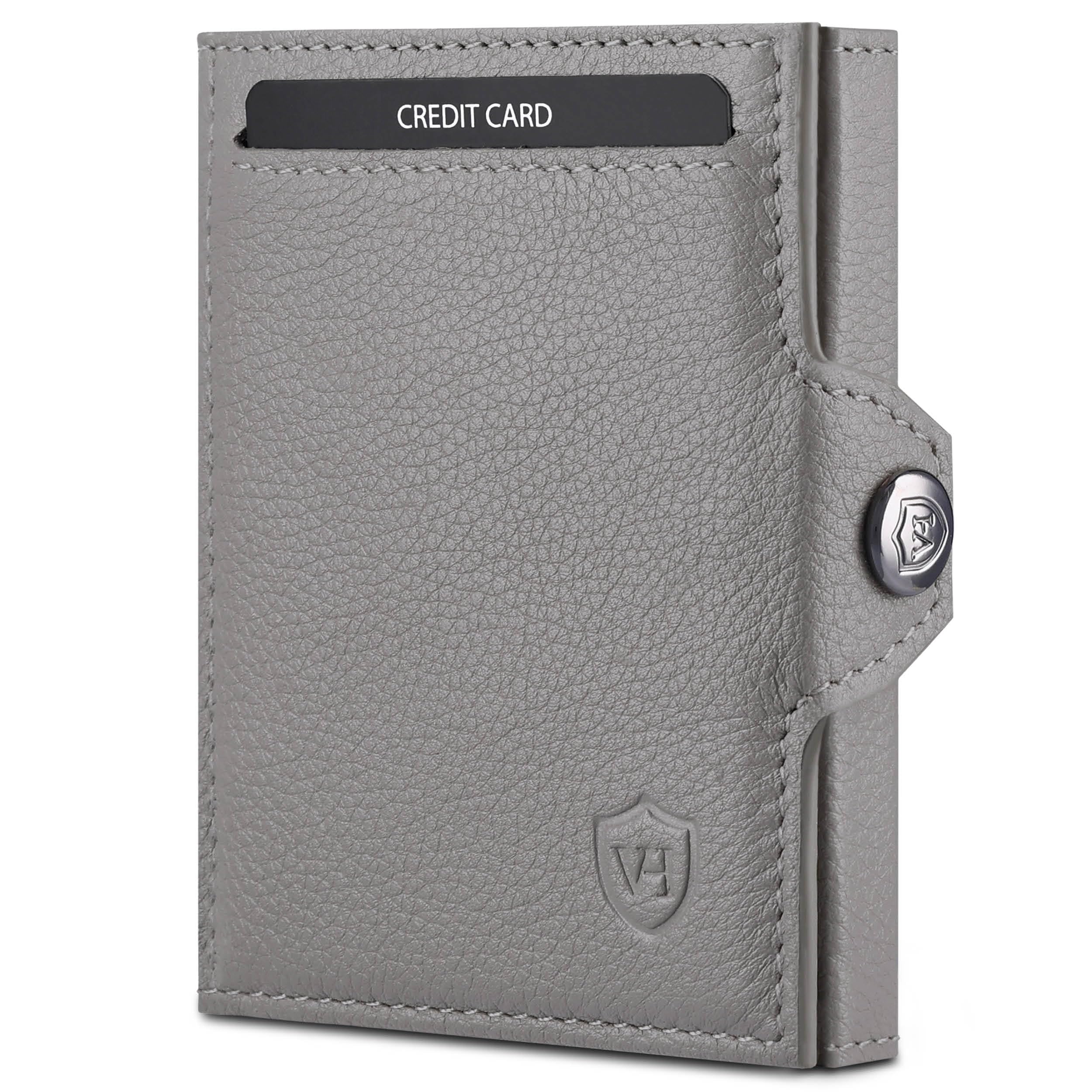 VON HEESEN Slim Wallet mit XXL Münzfach & RFID-Schutz - Leder Geldbeutel - Mini Geldbörse für Herren und Damen - Kartenetui Echtleder Karten Portemonnaie klein - Kreditkartenetui Grau