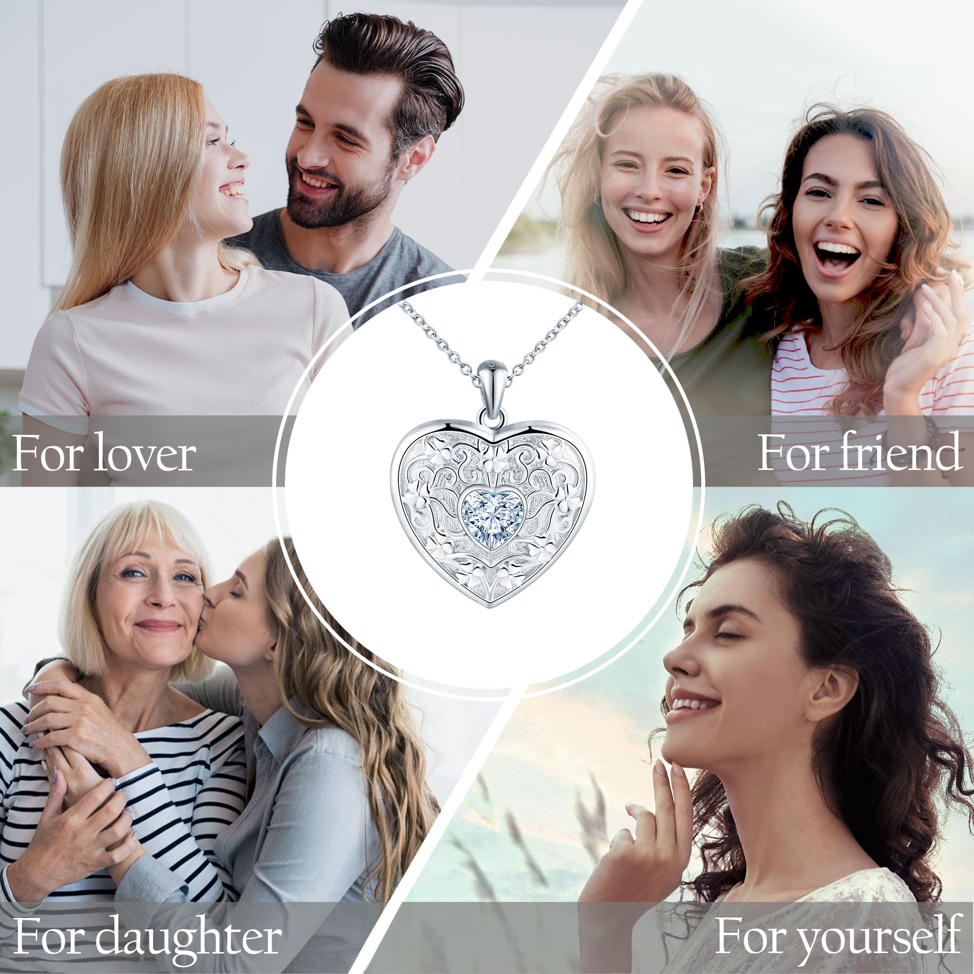 Cuore Foto Collana Donna Argento 925 con Cristallo: Trifoglio Ciondolo Personalizzato con Foto-Portafoto Medaglione Amuleto Collane per Ragazze-Gioielli Amore Regali per Mamma Amici Moglie