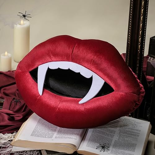 Ashler Vampire Lips Pillow, Velvet Halloween Lips Throw Pillow with 3D Felt Teeth, Decorative Pillow for Bed,19.5 X 13 inches - Ws-red-new