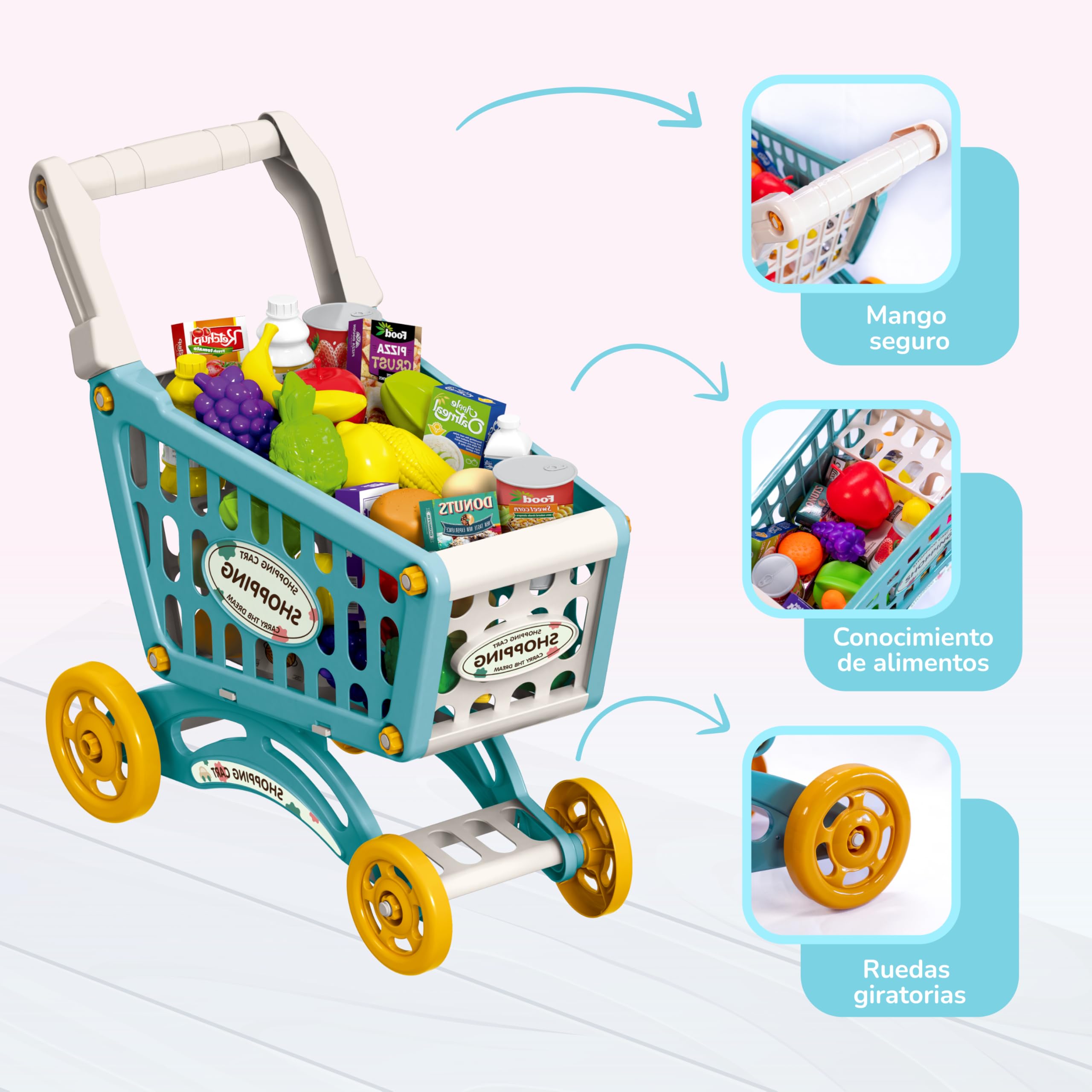Carro de Compras de Juguete con Música - 28 Accesorios – Incluye Comida – Juguete Educativo para Niños y Niñas +3 Azul