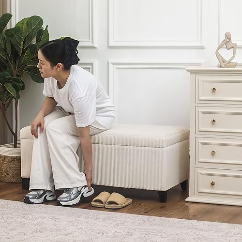 Miniatura 84 de Adeco Otomana de almacenamiento, banco tapizado rectangular de piel sintética con patas de madera, reposapiés, mesa de café para sala de estar,