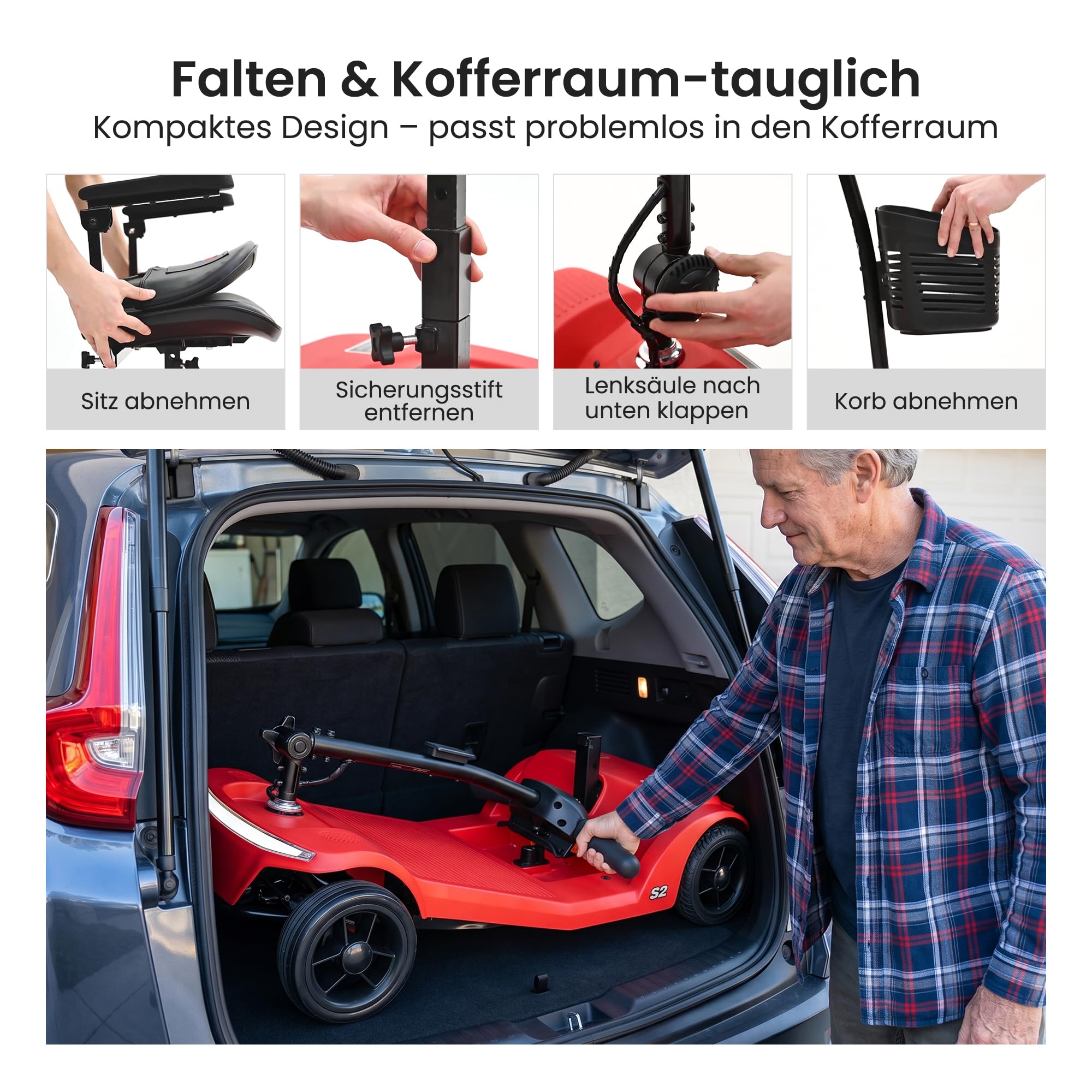 Elektromobil​ Seniorenmobil​– rollstuhl elektrisch faltbar, 4 Räder Faltbare 15 KM-20KM Reichweite, LED-Sicherheitsbeleuchtung,USB Port,Bis 136 KG Belastung,elektroroller mit sitz Rot