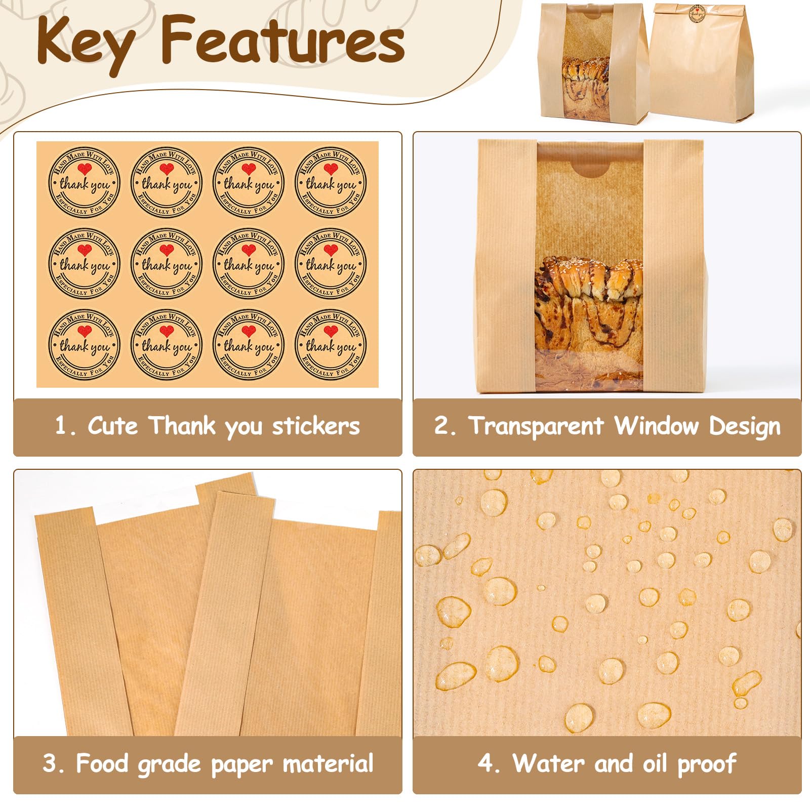 110 bolsas de pan para pan casero con masa madre de ventana, 35 x 21 x 9 cm, bolsas de papel Sublaga con 120 calcomanías de sellado, embalaje y almacenamiento de productos horneados adecuadas para