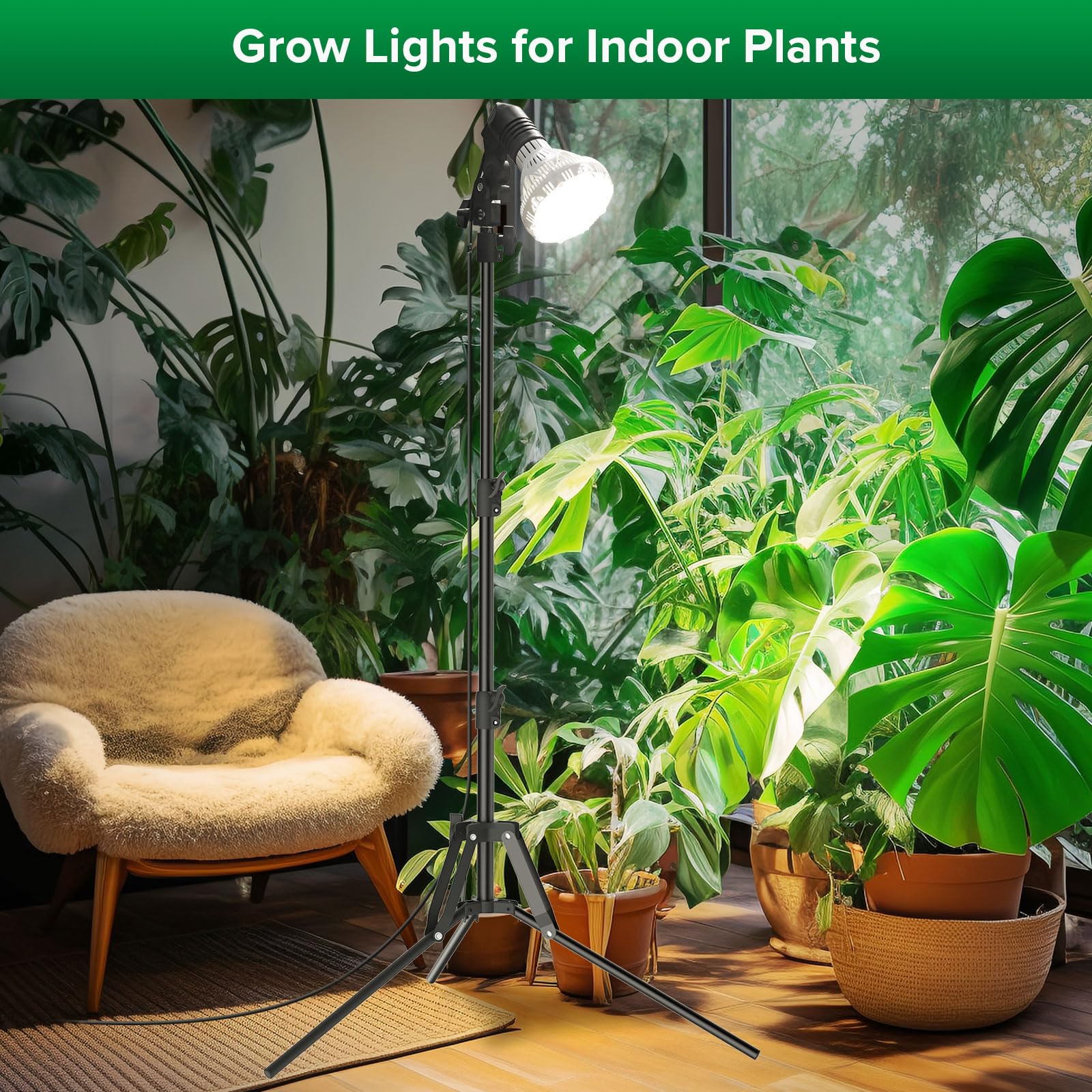 SANSI Lampe LED 40 W à intensité variable pour plantes d'intérieur avec support, spectre complet 4 000 K, culot E27, minuterie 4/8/12 heures, 4 niveaux de luminosité, hauteur réglable de 40 à 110 cm