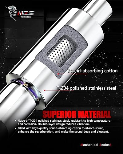 Miniatura 2 de MZS Silenciador de escape, punta de escape recta de acero inoxidable de 15" de longitud, entrada de 2", salida de 3", universal para coche sedán,