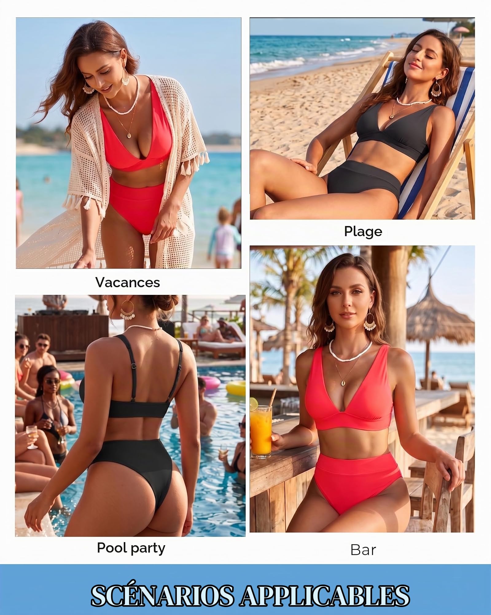 Yonique Ensemble bikini string taille haute 2 pièces bikini coupe haute bikini col en V maillot de bain