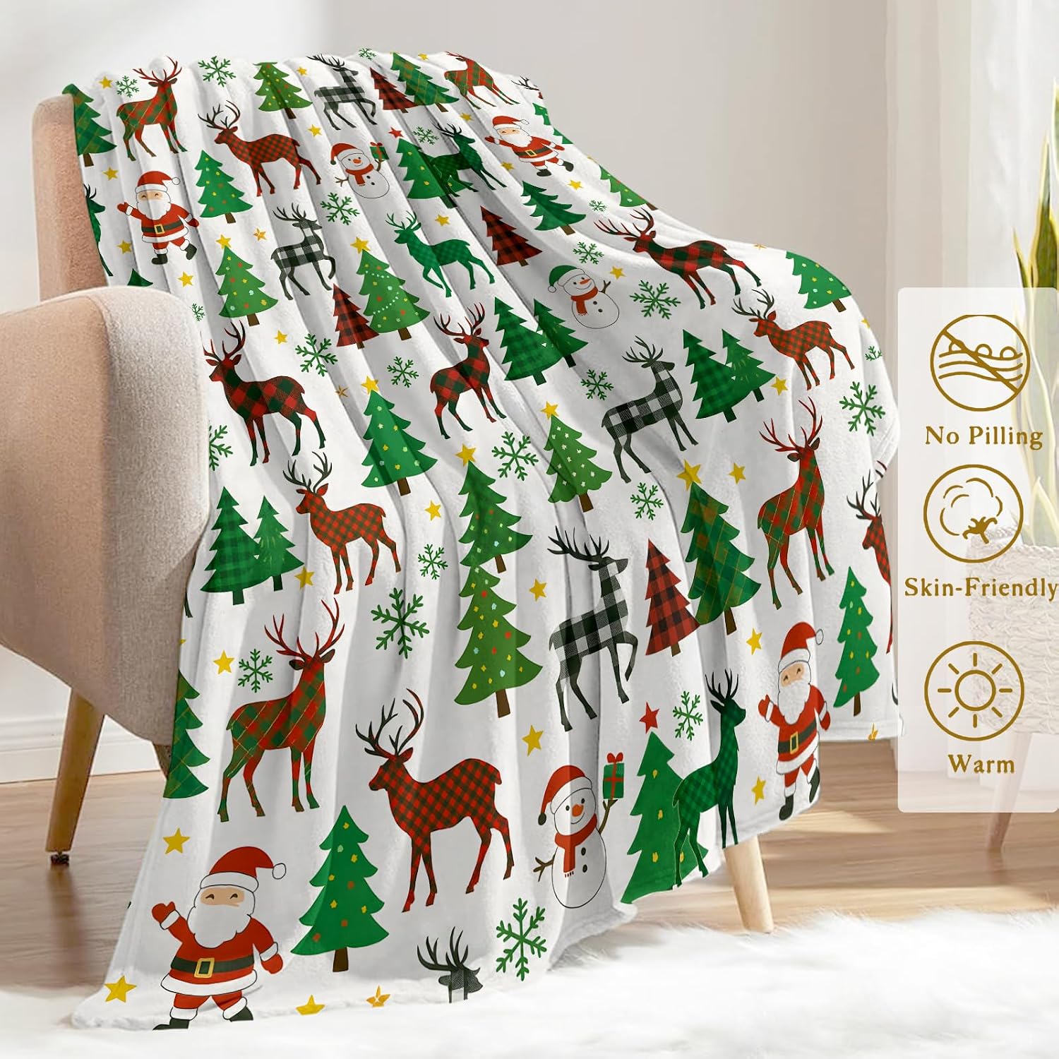 Reindeer Christmas Decorative Throw Blanket, Buffalo Plaid Snowman Tree Print Decoration, Soft Flannel Winter Blankets for Couch Bed Sofa, Holiday Home Decor, Xmas Festival Gifts 50x60 Inch