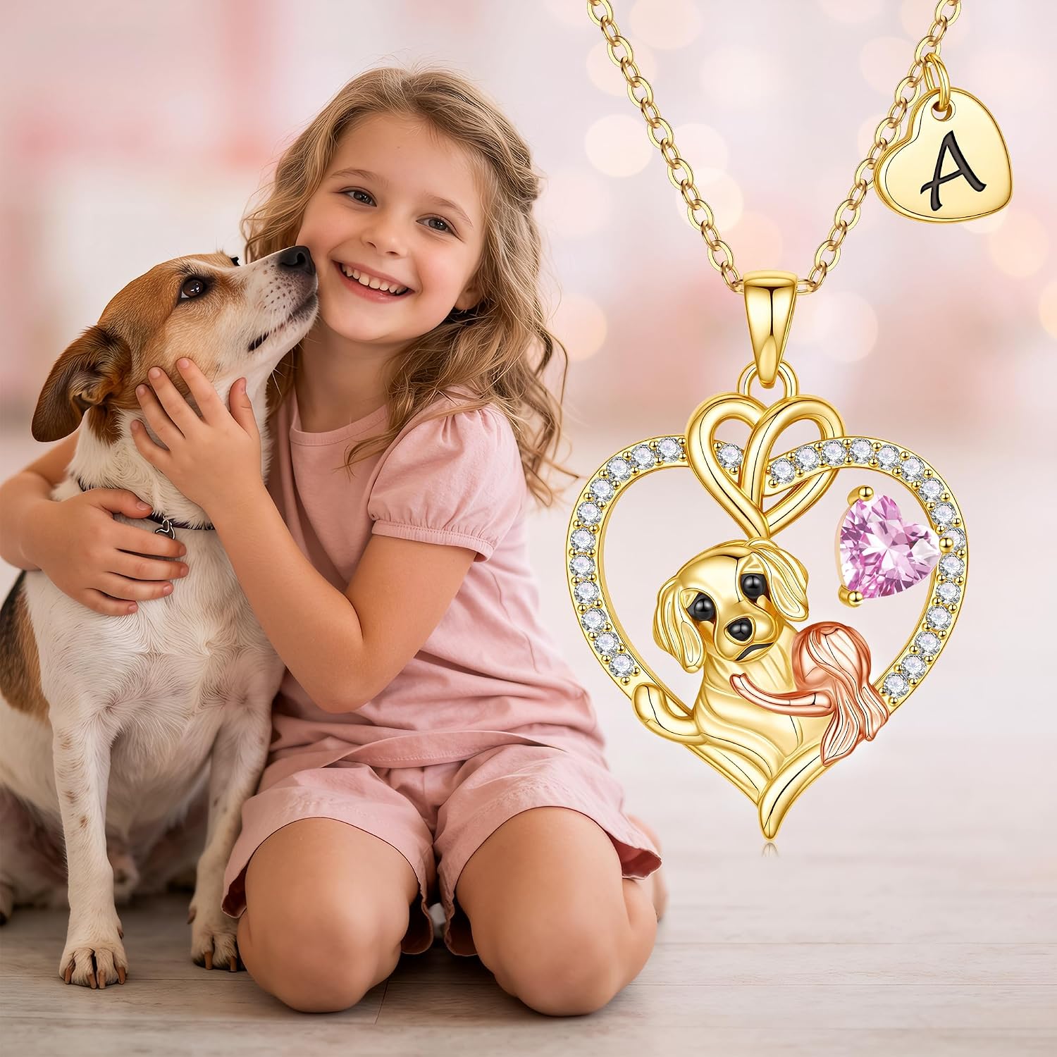MONOOC Initial Dog Necklace for Girls Kids - Birthday Gifts for Girl Kid | Cute Dog Gifts for Teen Girls Kids Dog Lovers, Gift Box Packaging, 14K-Gold-Plated, Unique Initial, Adjustable Length