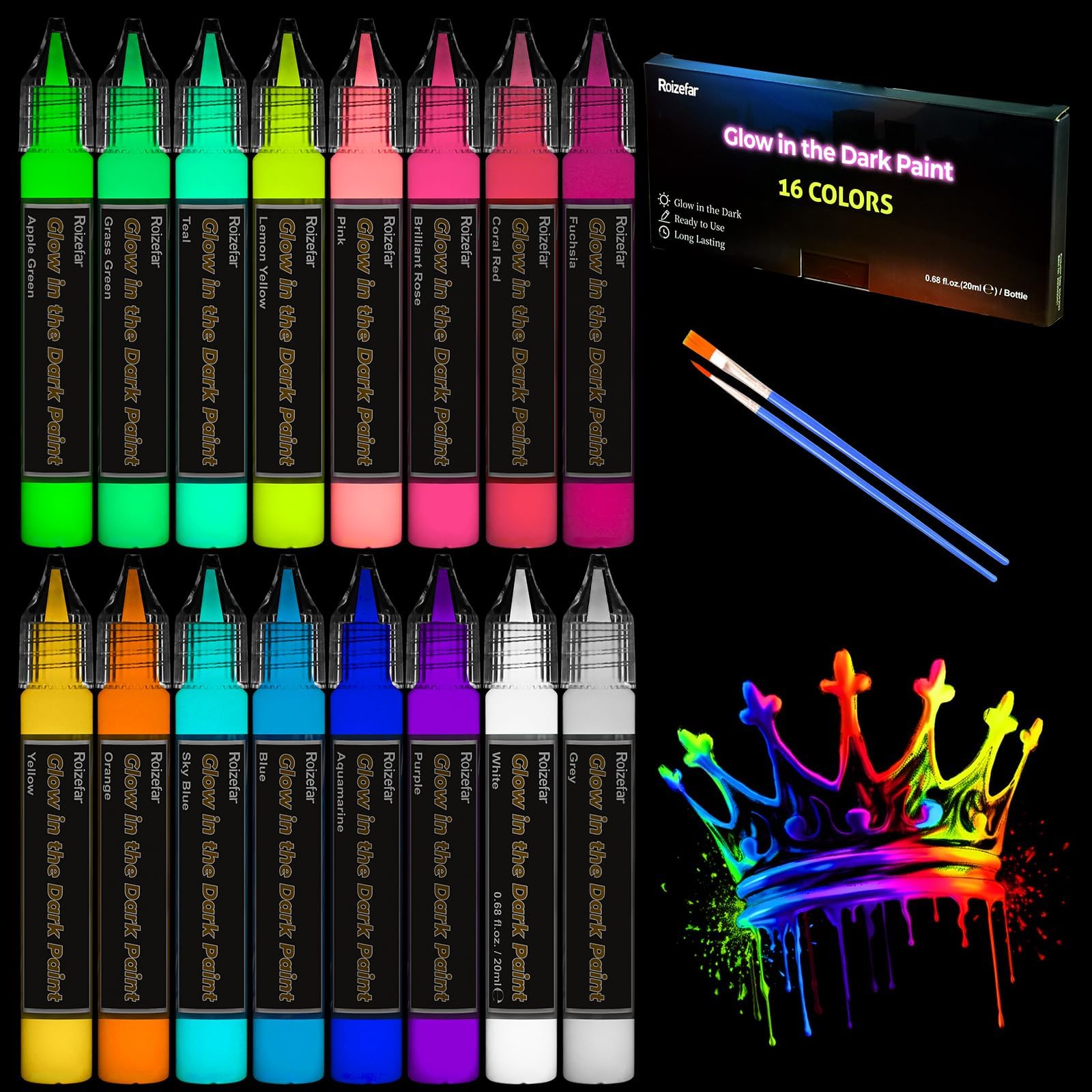 Roizefar Glow in the Dark Paint, 16 Colors (20 ml /0.68 oz) 3D Permanent Acrylic Fabric Paints for Clothes, Neon Fabric Paint for Art Painting and Crafts