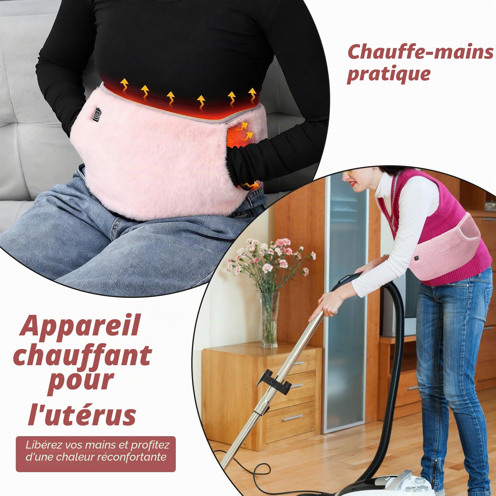 BORDEAG Ceinture chauffante sans fil pour le dos - Coussin chauffant vibrant - Massage Shiatsu - 3 niveaux de température - 8 heures d'autonomie - Rose - Silicone médical - 32 x 35 x 1 cm