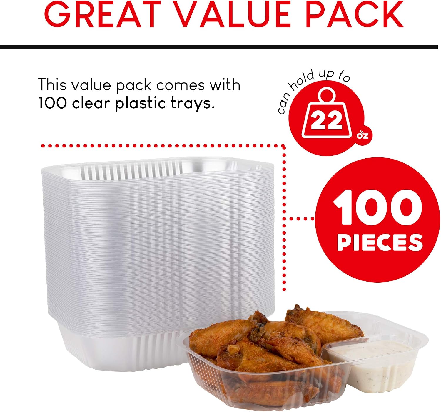 22oz Plastic Nacho Trays (100 Pack) Large Disposable Tray for Nachos & Cheese Dip, Concession Stand Supplies, Movie Night Snacks for Kids, Carnival Party Decorations, Food Boats, Snack Containers